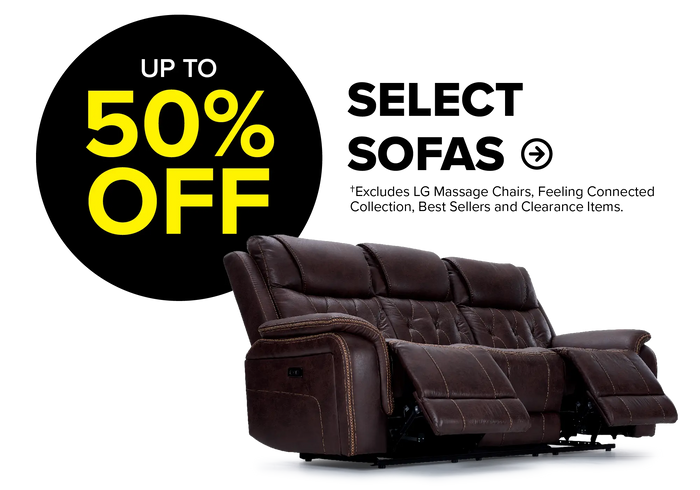 Up to 50% off Select Sofas. Image shows a brown reclining sofa.