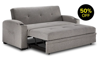 A grey sofa bed with a pull-out extension and 50% off tag.