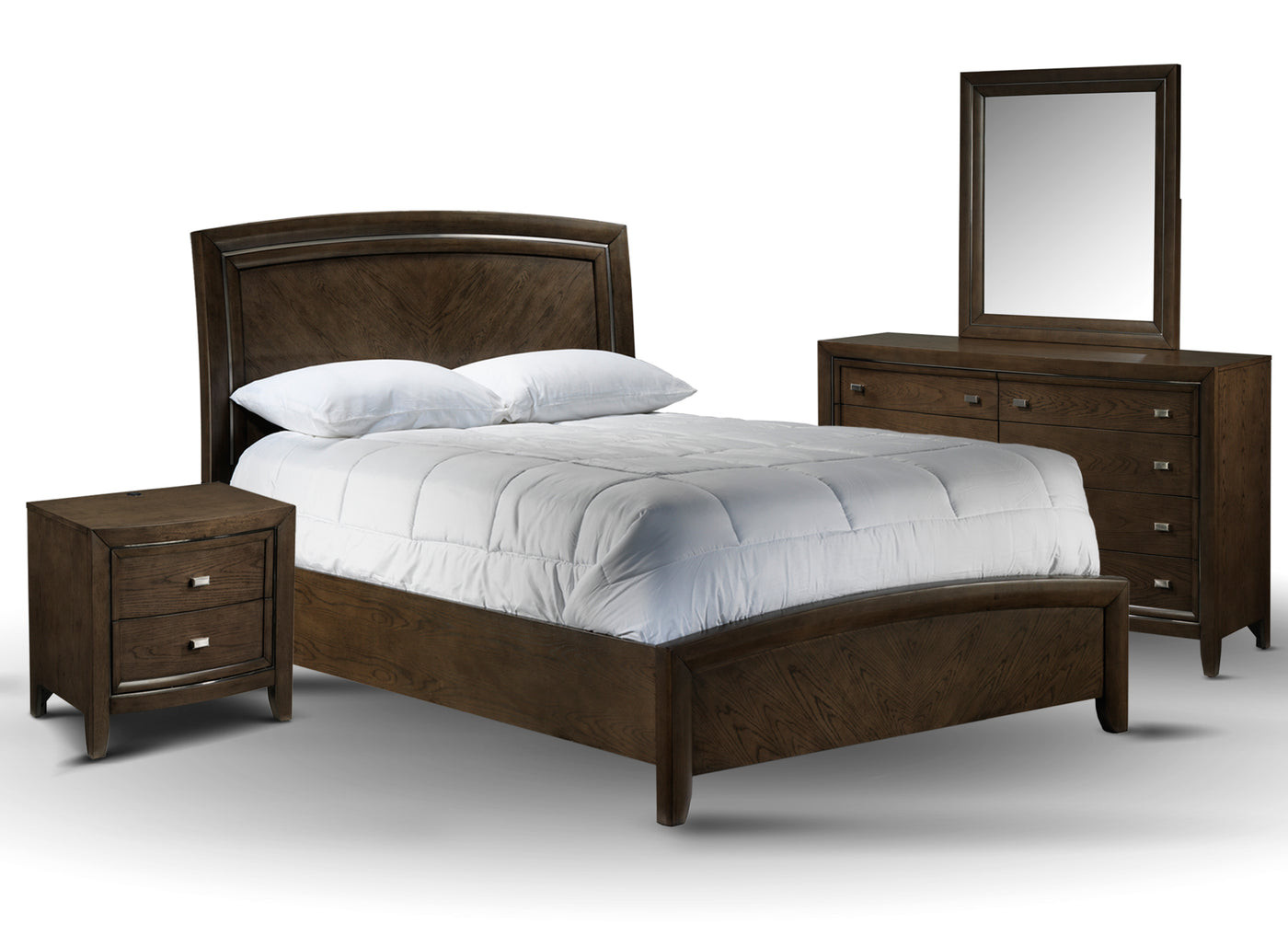 Aberdeen 5 Piece Sleigh Panel Qeen Bed Set With 2 Drawer Night Stand Barista Oak