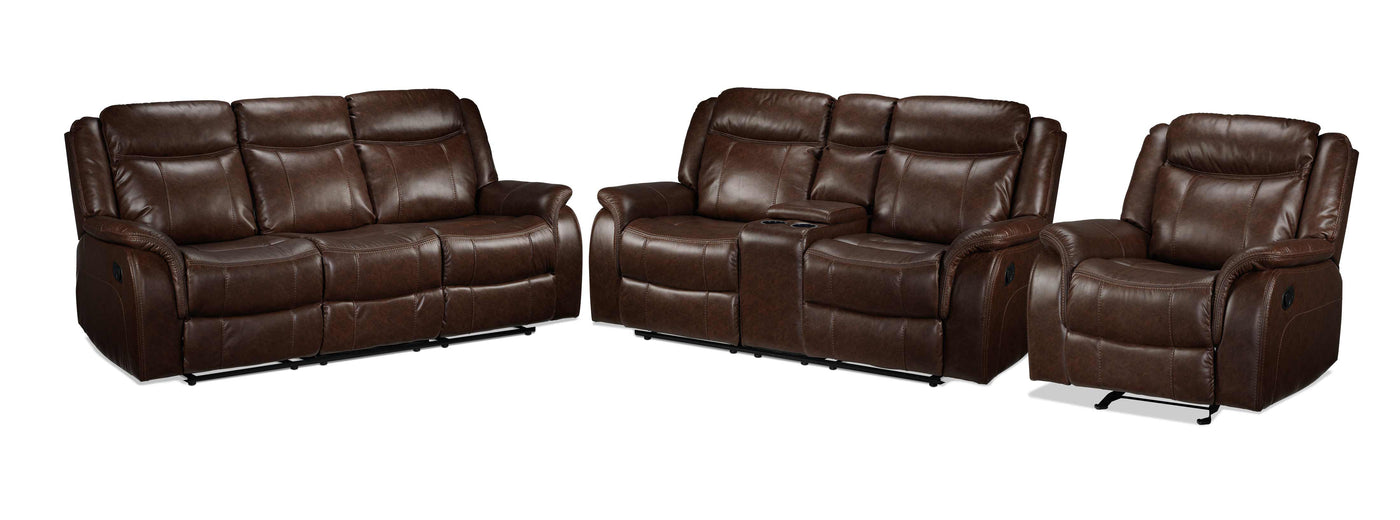 Scorpio Reclining Sofa Reclining Loveseat And Glider Recliner Whiskey Brown