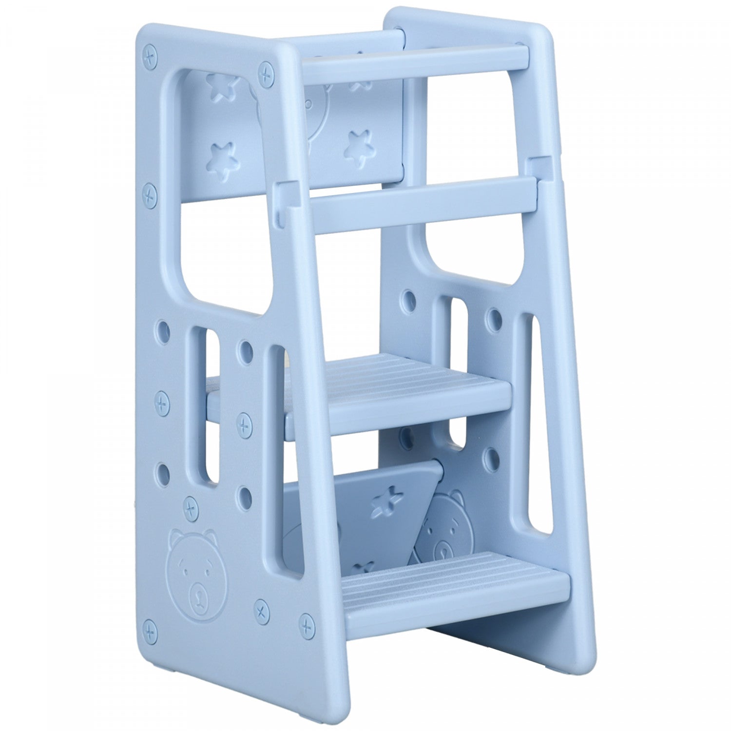 Light Blue Qaba 2-Step Toddler Kitchen Helper Stool with Adjustable Height Platform and Safety Rail