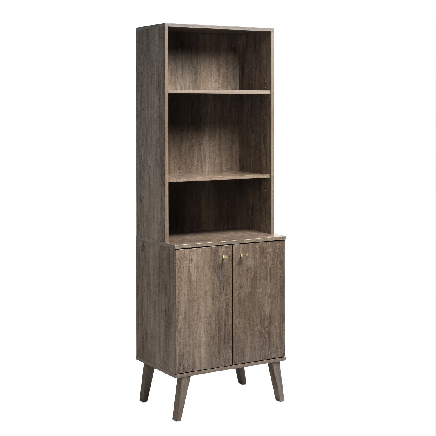 Milo Mid-Century Modern Tall Bookcase: Adjustable Shelves, 2 Doors, and Brushed Brass-Finished Knob