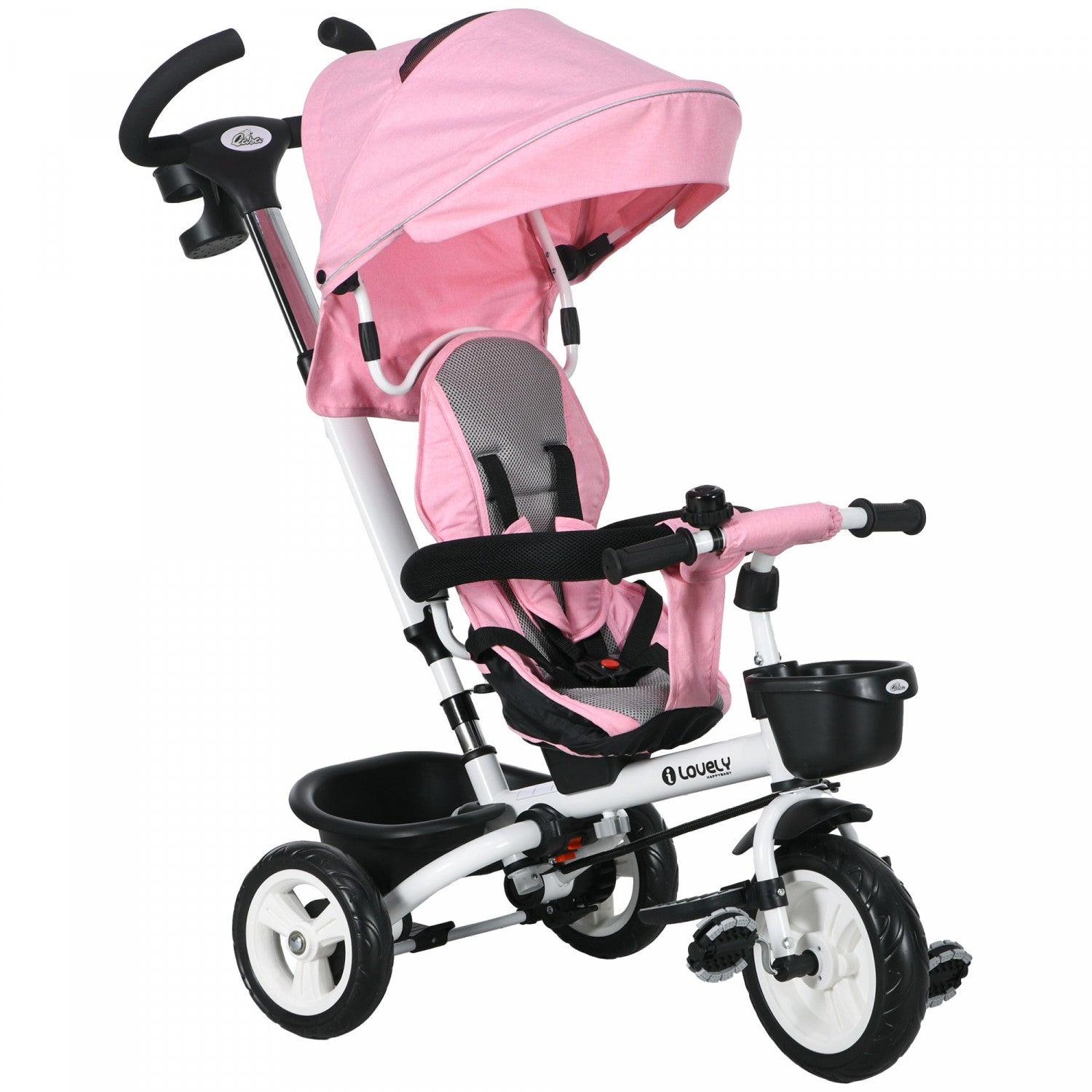 Qaba 6-in-1 Toddler Tricycle: Stroller Bike with Parent Push Handle, Canopy, Storage Baskets, and Cupholder
