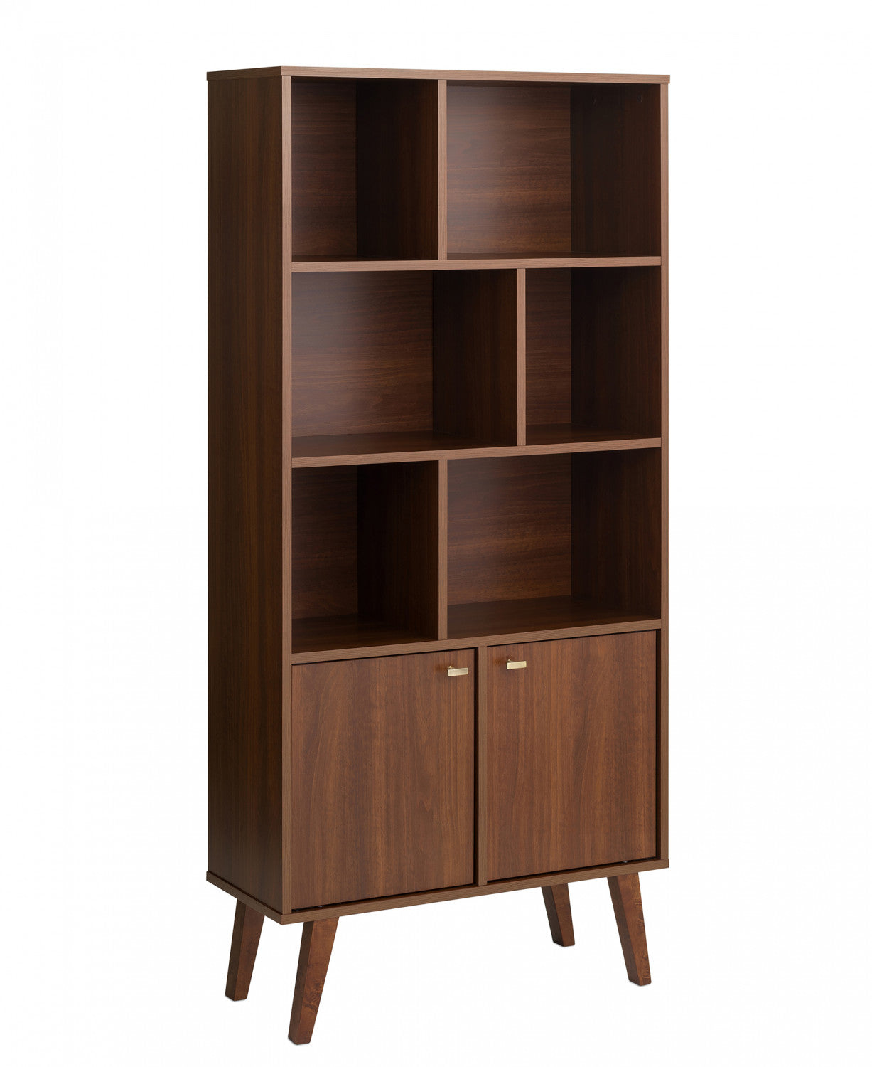 Cherry-finished Milo Mid-Century Modern Bookcase: 6 Shelves, 2 Doors and Brushed Brass-Finished Knobs