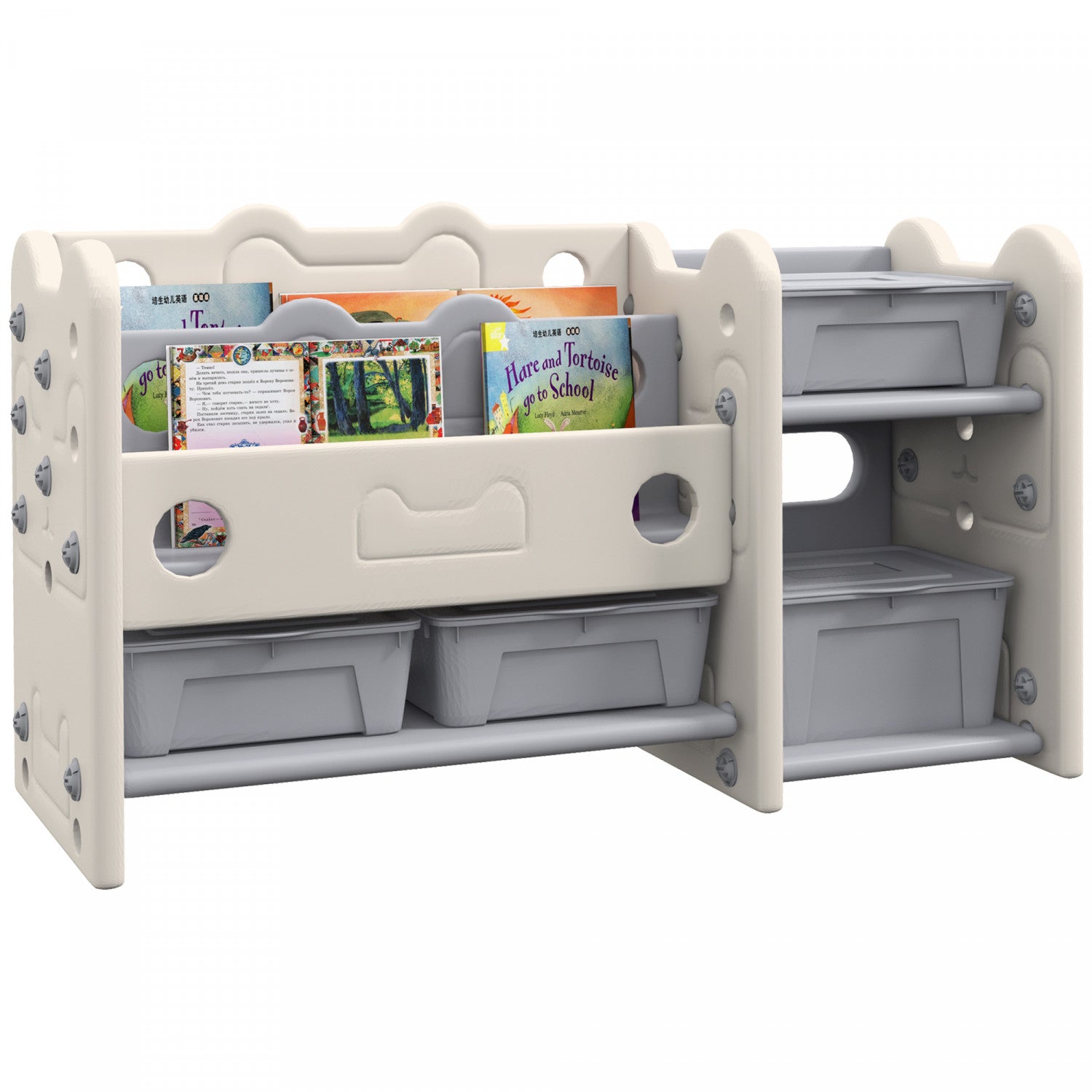 Qaba Toy Storage Organizer with 4 Storage Boxes and Bookshelves for Nursery and Kids Room
