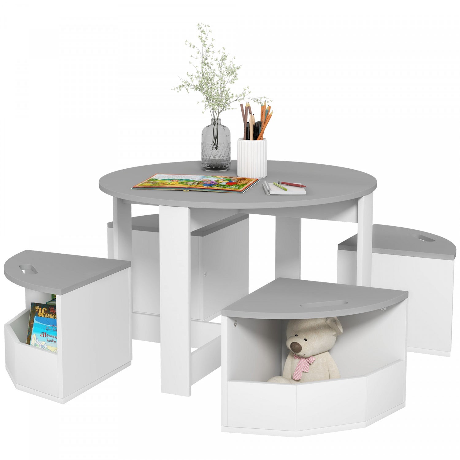 Qaba 5-Piece Toddler Table and 4-Chair Set with Storage - Activity Table for Kids