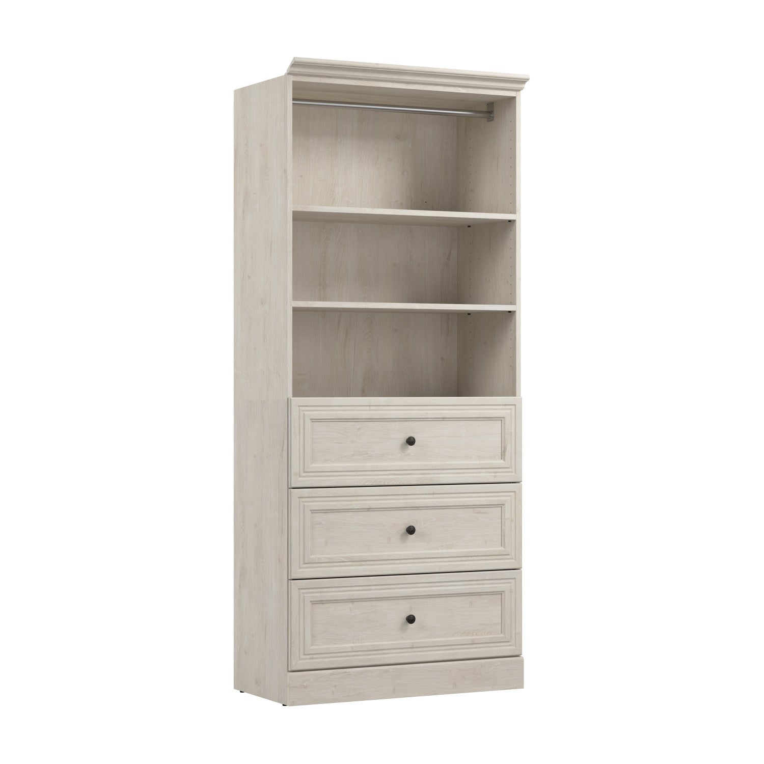 Bestar's 36 W Linen White Oak Versatile Closet Organizer with Drawers
