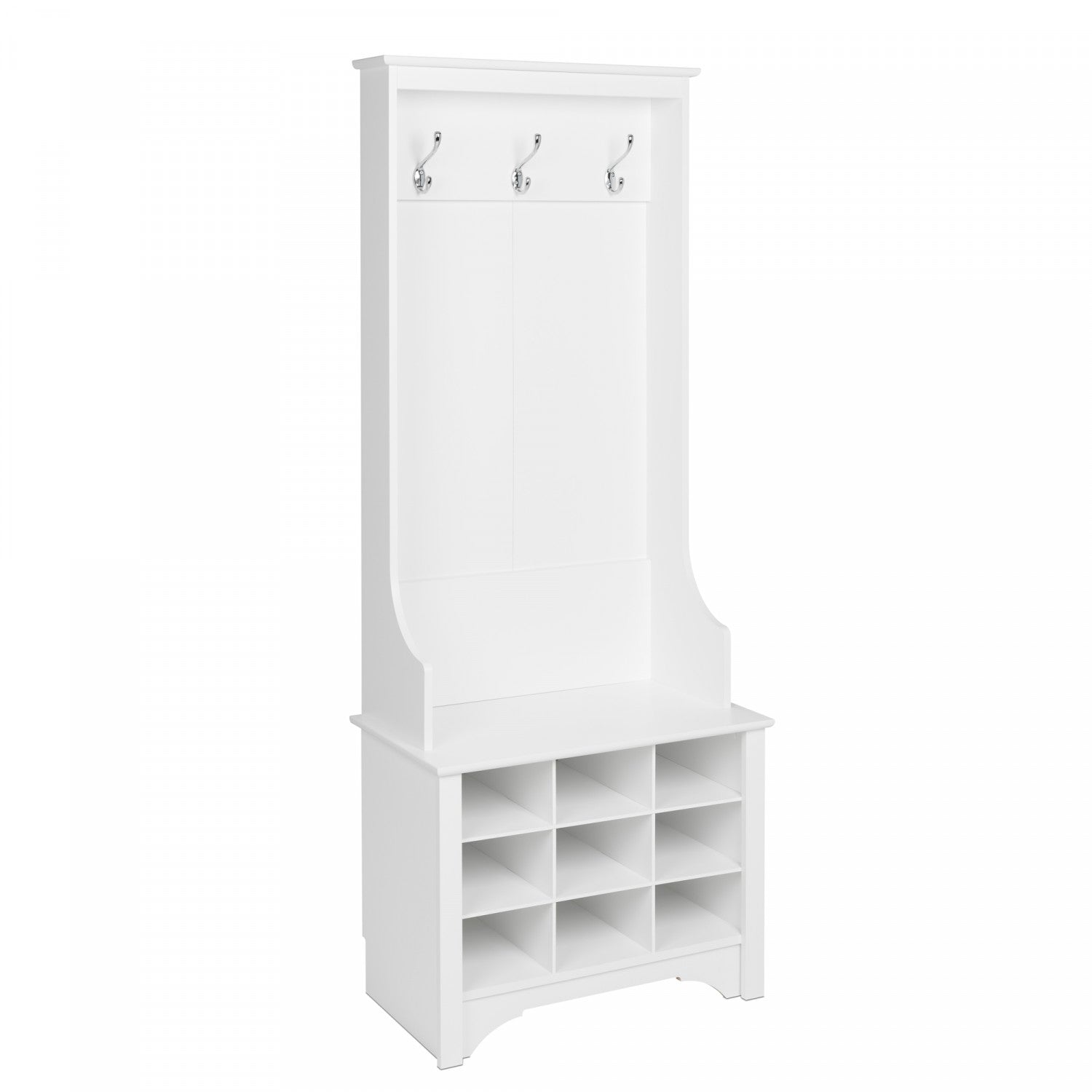 White Narrow Hall Tree Boasting Nine Shoe Cubbies