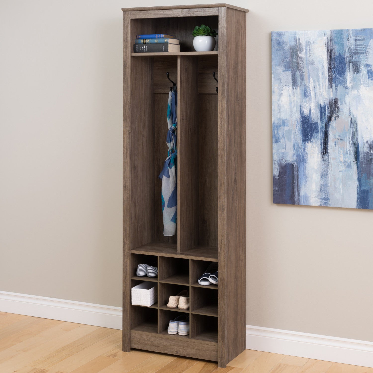 Drifted Grey Entryway Organizer with Shoe Storage for Space-saving Solutions