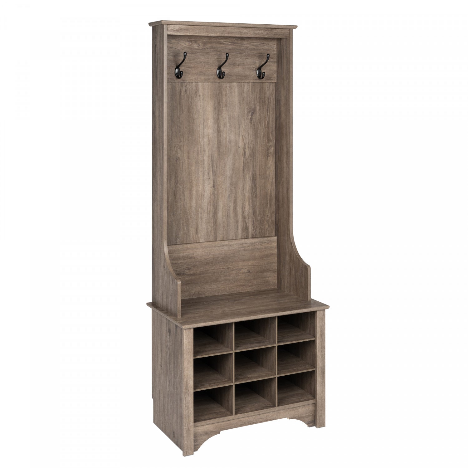 Drifting Grey Narrow Hall Tree with Nine Shoe Cubbies