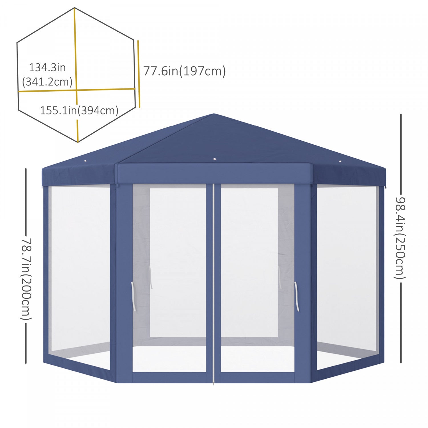 Outsunny 13-Foot Hexagon Party Tent - Ideal Patio Gazebo for Outdoor Activities and Events, Quick Sun Shelter with a Cosy Metal-Polyester Design in Blue, Impermeable
