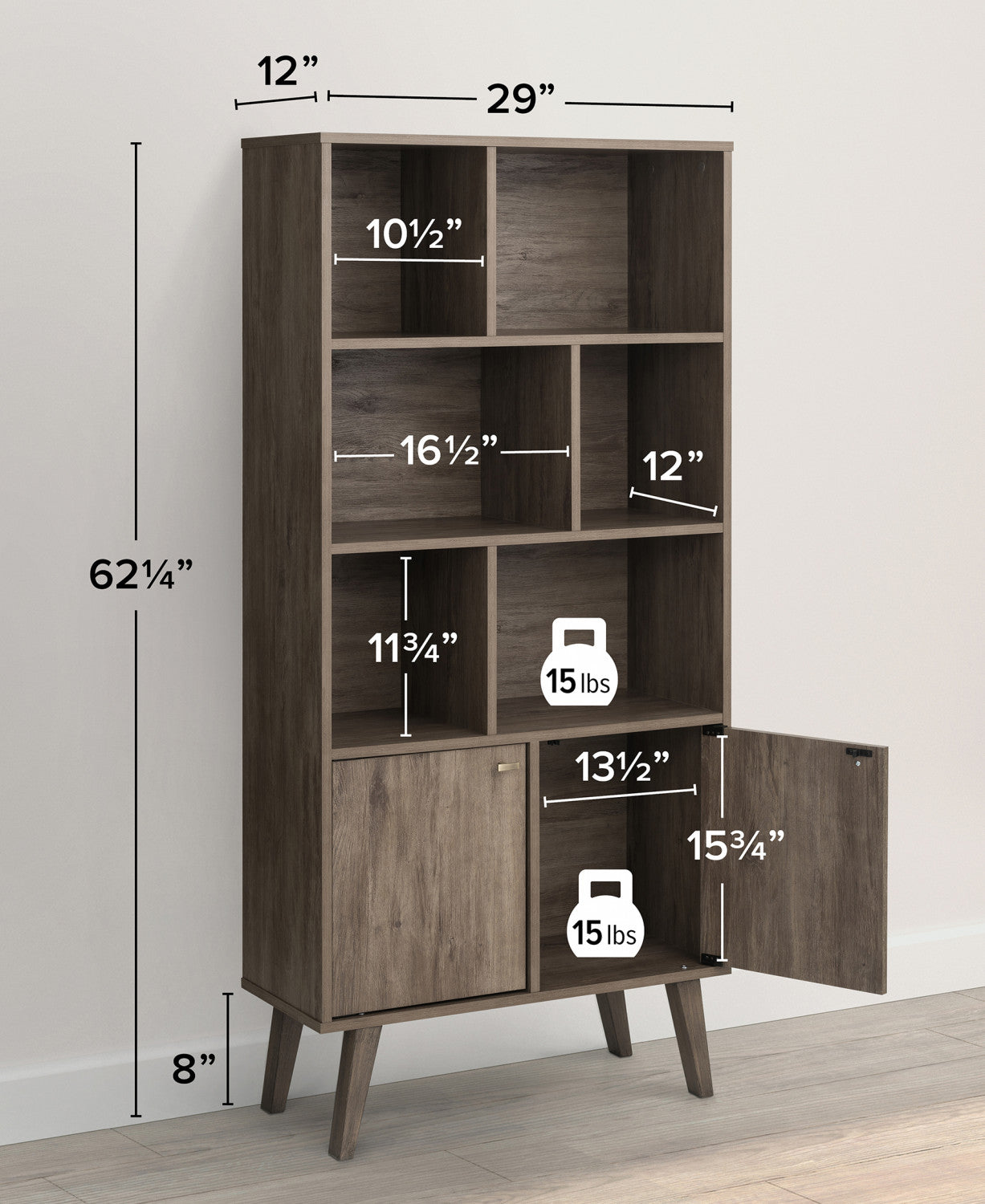 Drifted Grey Milo Mid-Century Modern Bookcase: 6 Shelves, 2 Doors, and Brushed Brass-Finished Knobs