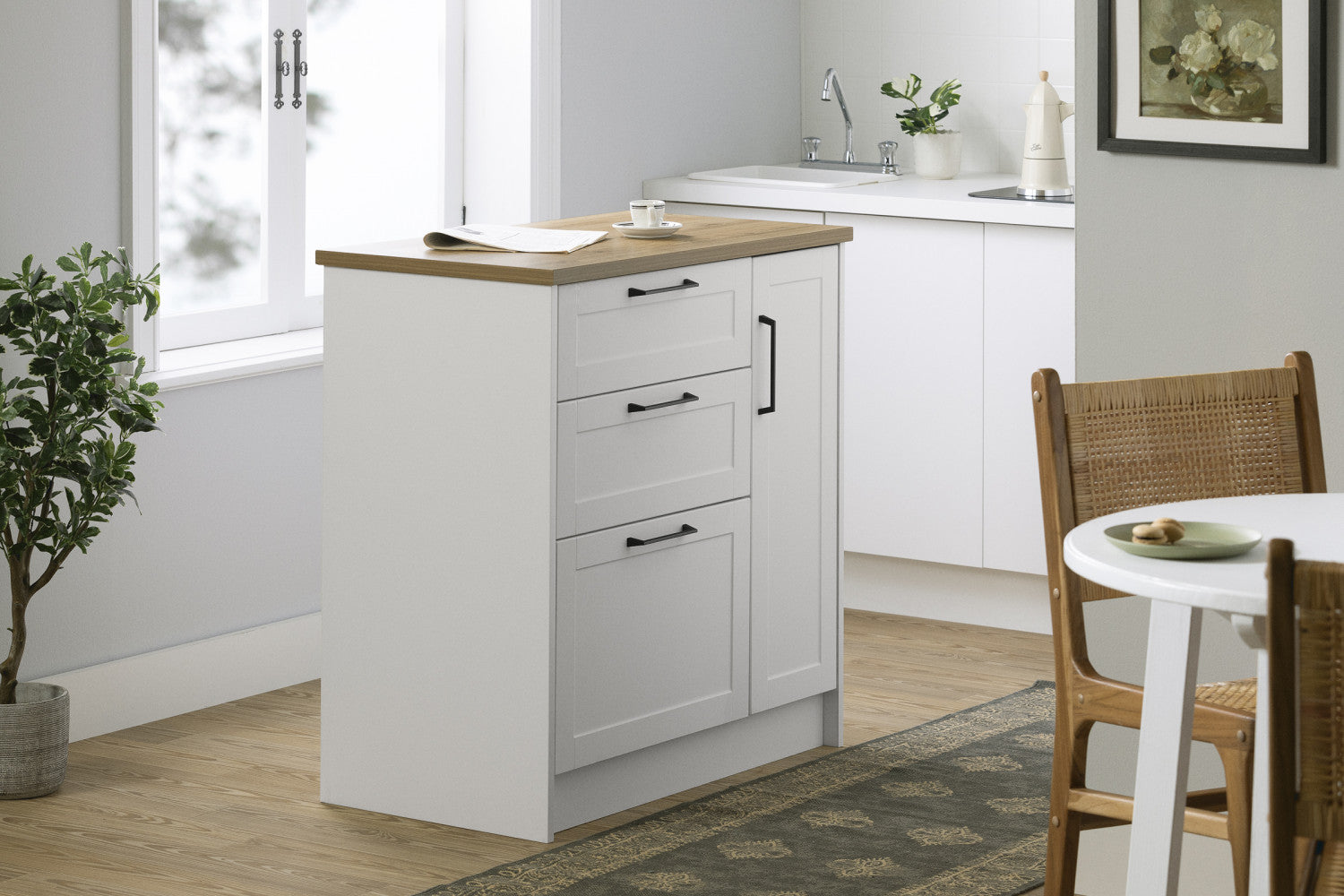 White & Maple Nutmeg Toscano 3-Drawer Kitchen Island with Door