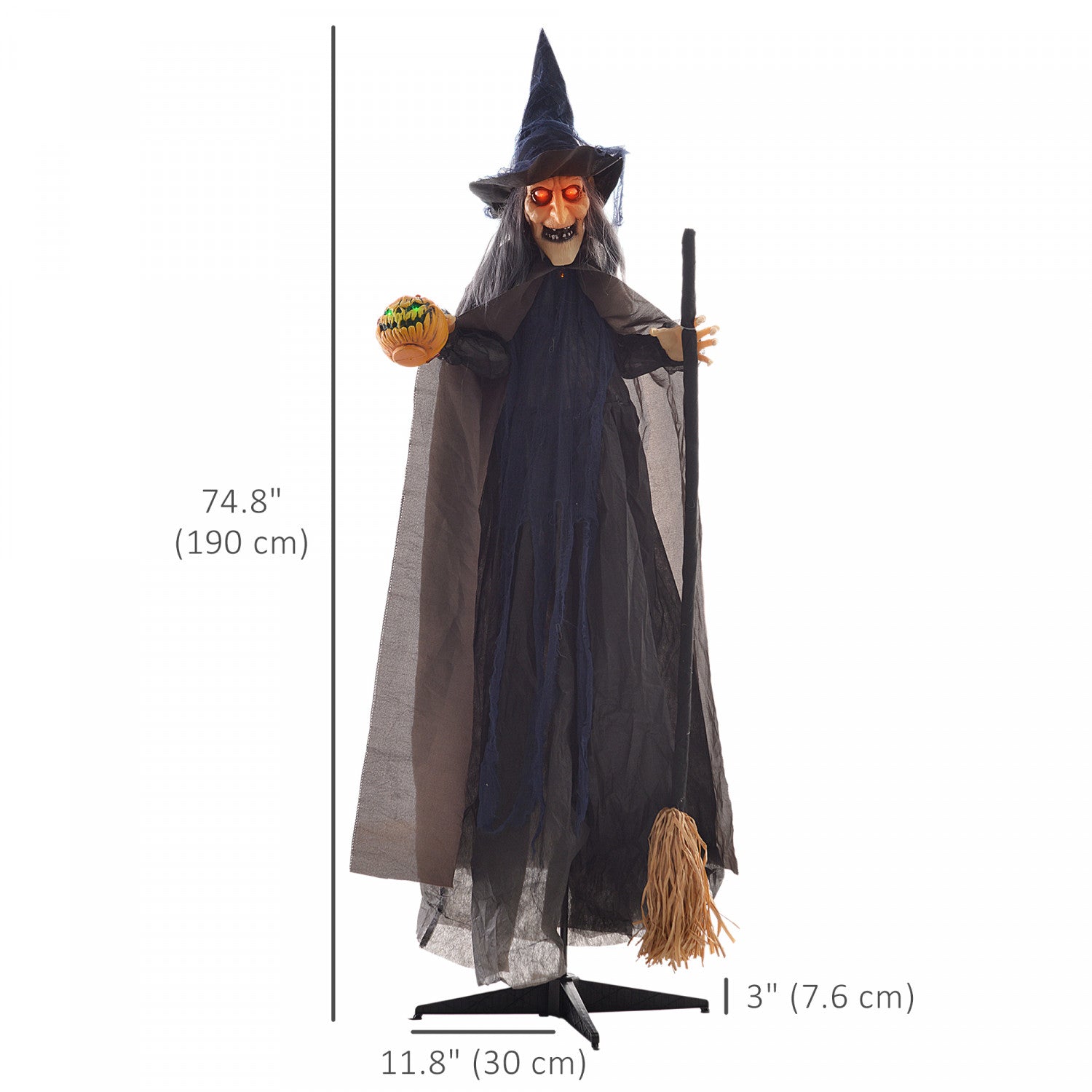 Homcom 75" Halloween Witch with Broomstick Animatronic Prop featuring Light-Up Eyes for Outdoor Decoration