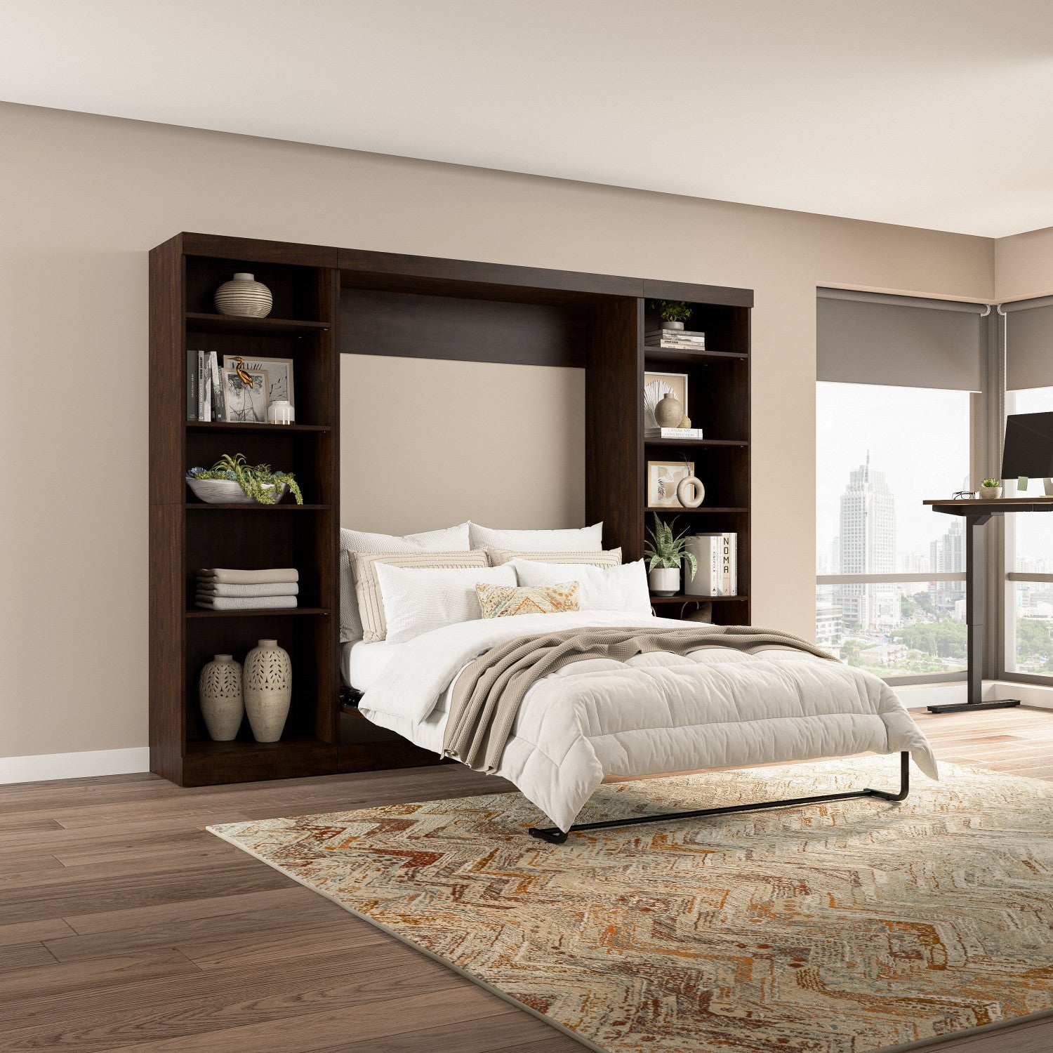 109-Inch Bestar Pur Full Murphy Bed with Two Shelving Units in Chocolate - Lit double escamotable mural Pur de Bestar de 109 po avec 2 meubles à tablettes - chocolat