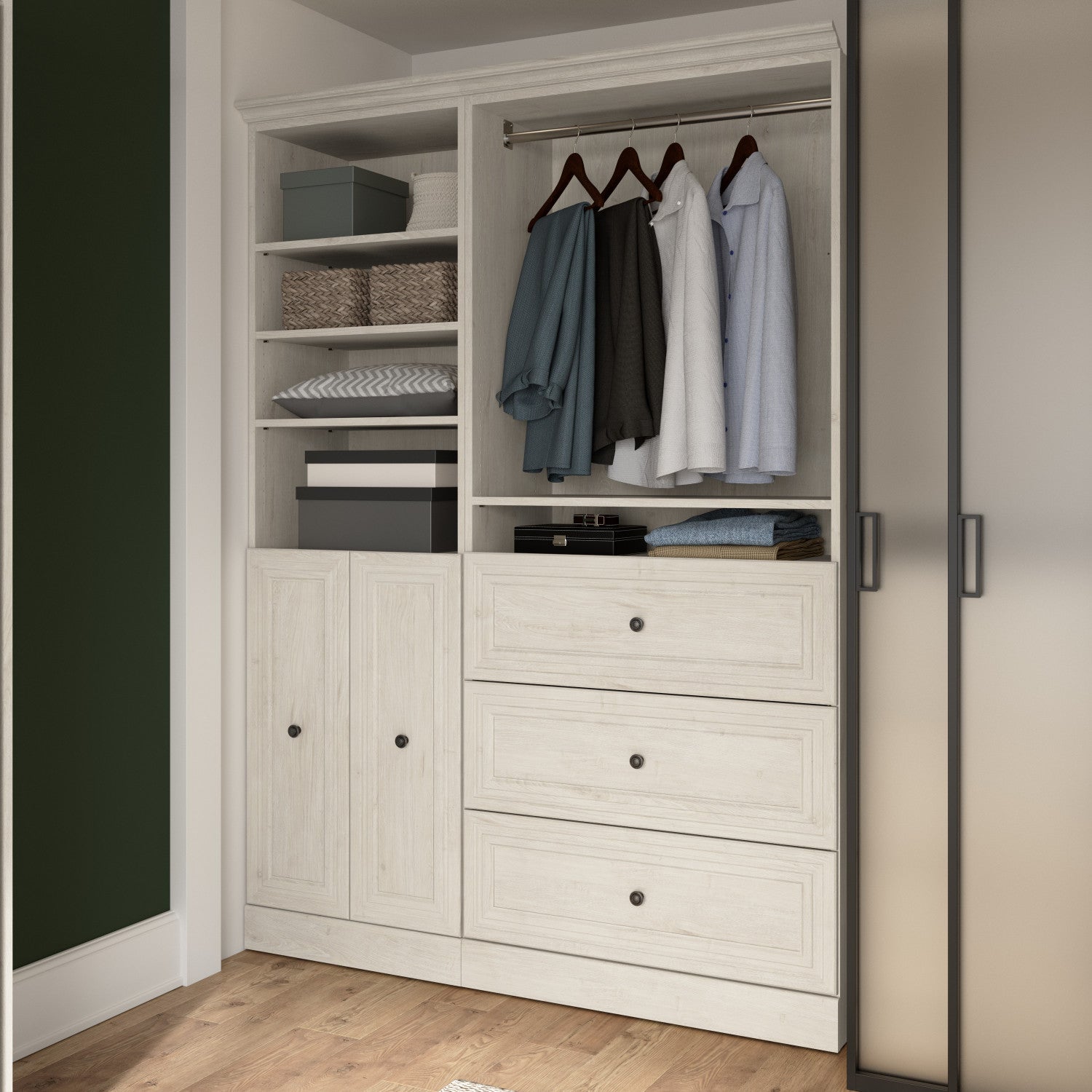 Bestar's 61 W Linen White Oak Versatile Closet Organizer System with Drawers and Doors