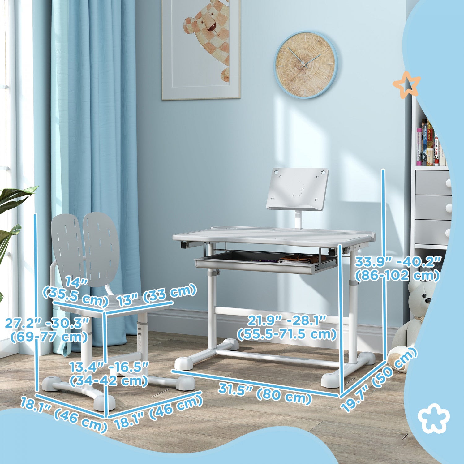 Qaba Height-Adjustable Kids Study Table and Chair Set with Tilt Desktop - Ideal for Learning