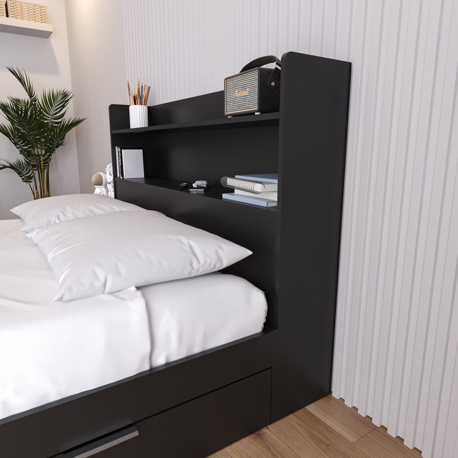 Nordika Hunter Bookcase Full Headboard in Black: A Stylish and Functional Bedroom Piece