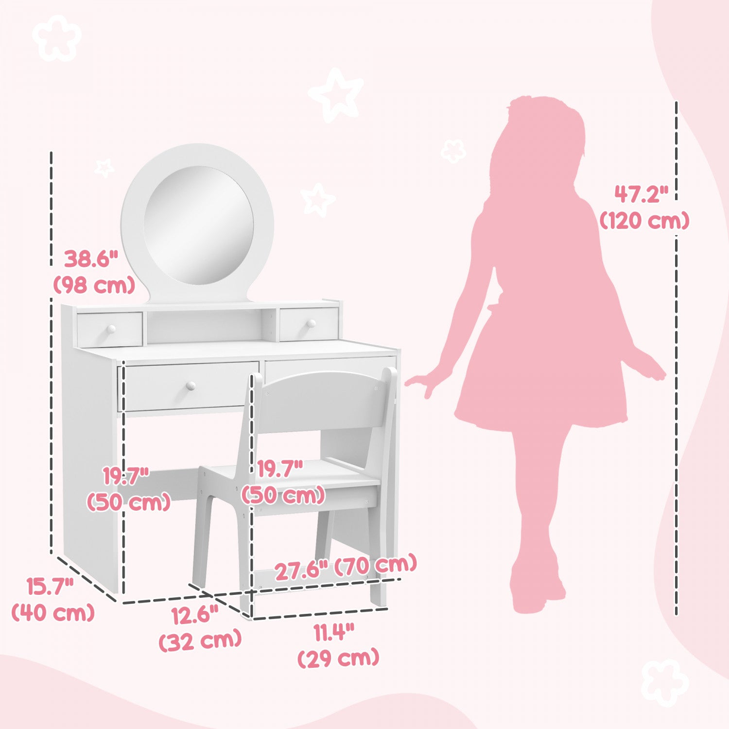 Qaba 2-Piece Kids Vanity Set - Dressing Table with Mirror, Makeup Table with Stool and Storage
