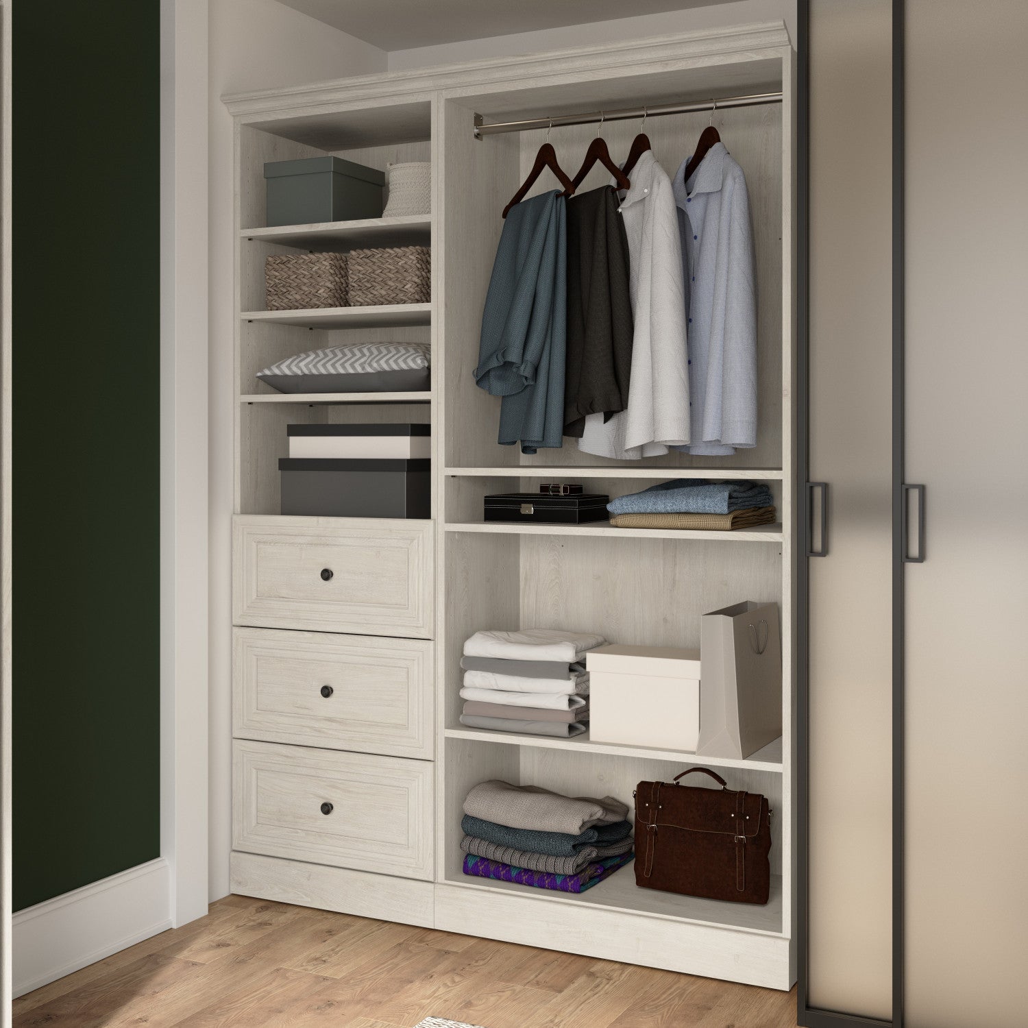 Bestar's 61 W Versatile Closet Organizer System in Linen White Oak Finish