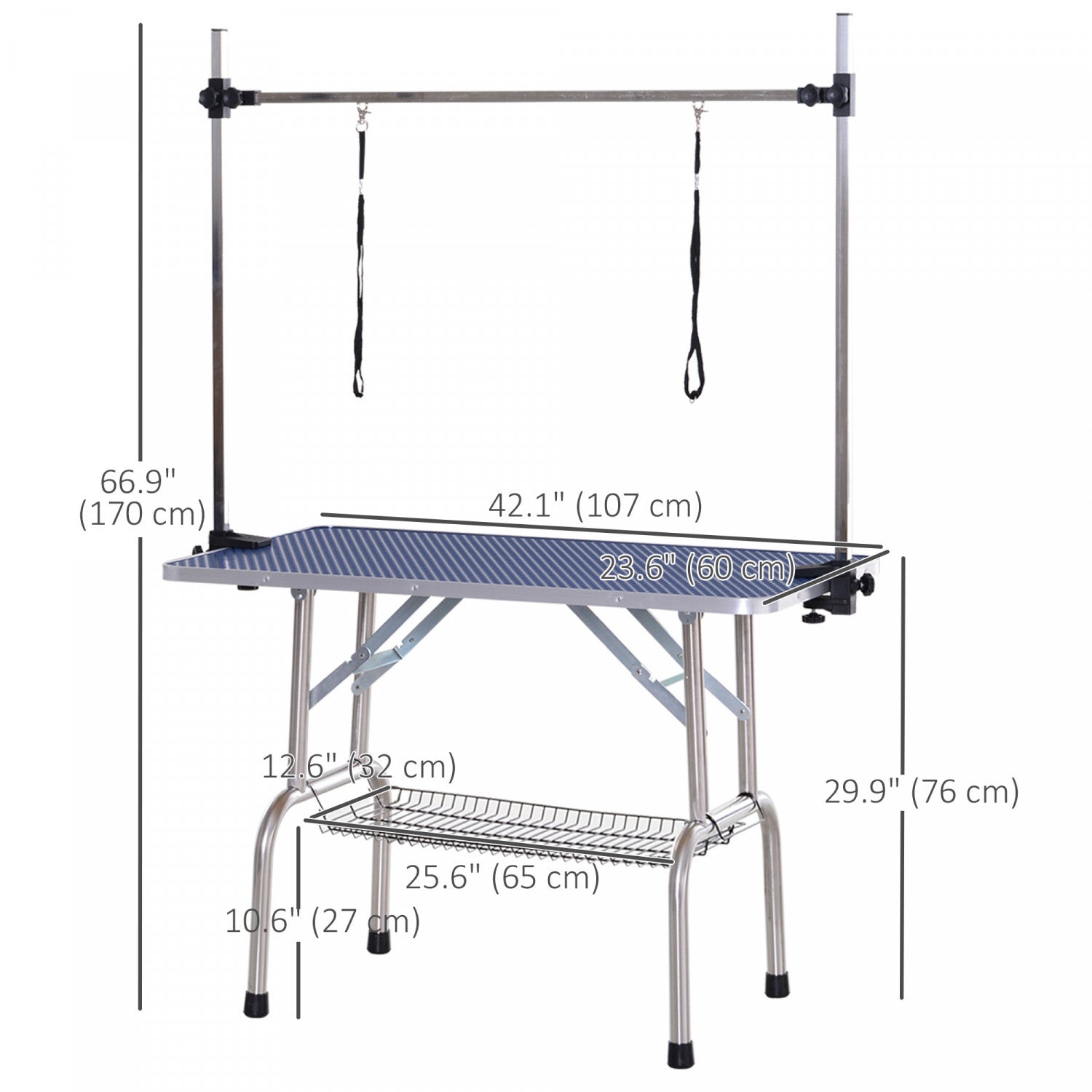 Pawhut Blue Heavy Metal Dog Grooming Table with Adjustable Rubber Top, 2 Safety Slings and Mesh Storage Basket