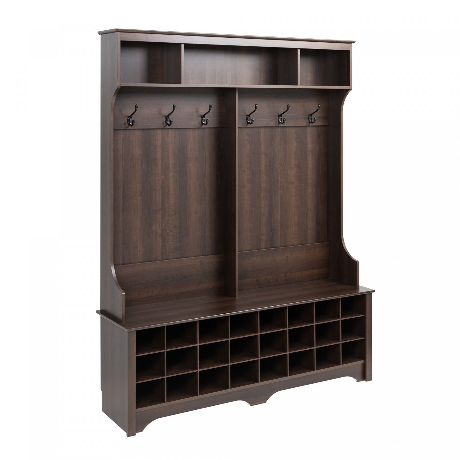 Espresso Hall Tree with 24 Shoe Cubbies - Ideal for Organizing Your Entryway