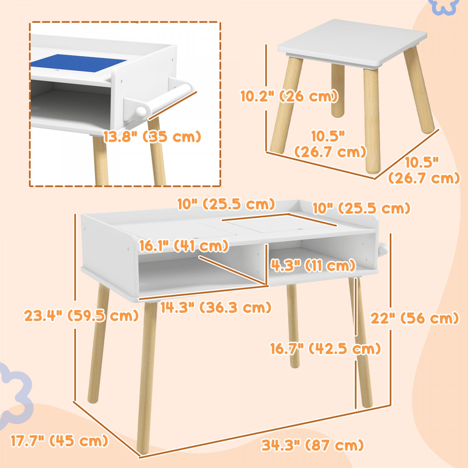 Qaba 3-in-1 Toddler Activity Table with Building Blocks Board, Paper Roll - Kids Table and Chair Set