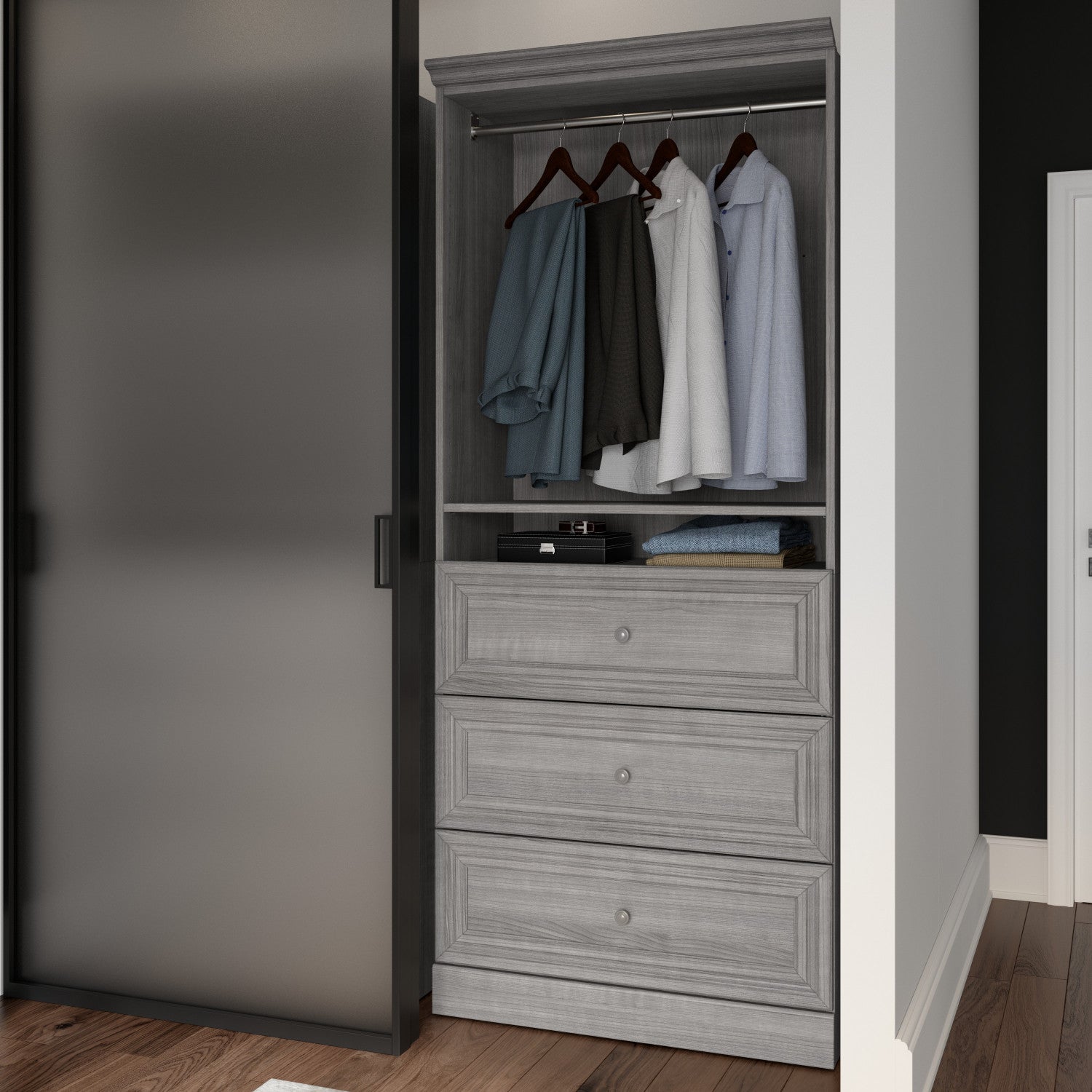 Bestar's 36-inch Platinum Grey Versatile Closet Organizer with Drawers
