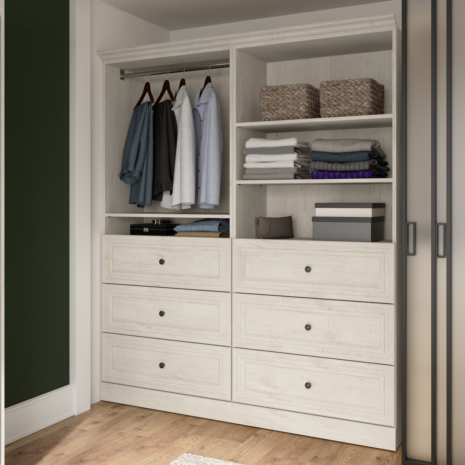 Bestar 72 W Linen White Oak Versatile Closet Organizer with Drawers