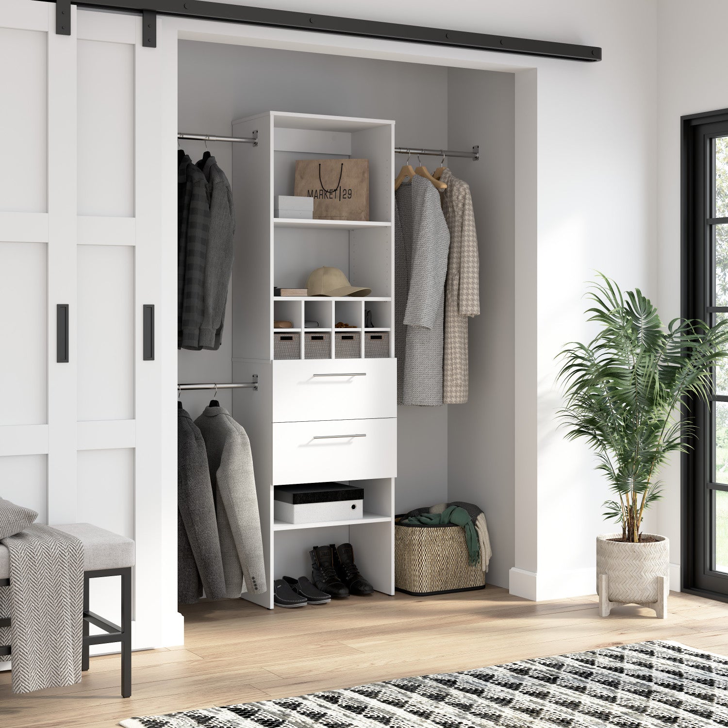Bestar 24 W Carina Closet Organizer - White, Complete with Clothing Rods, Drawers, and Cubbies