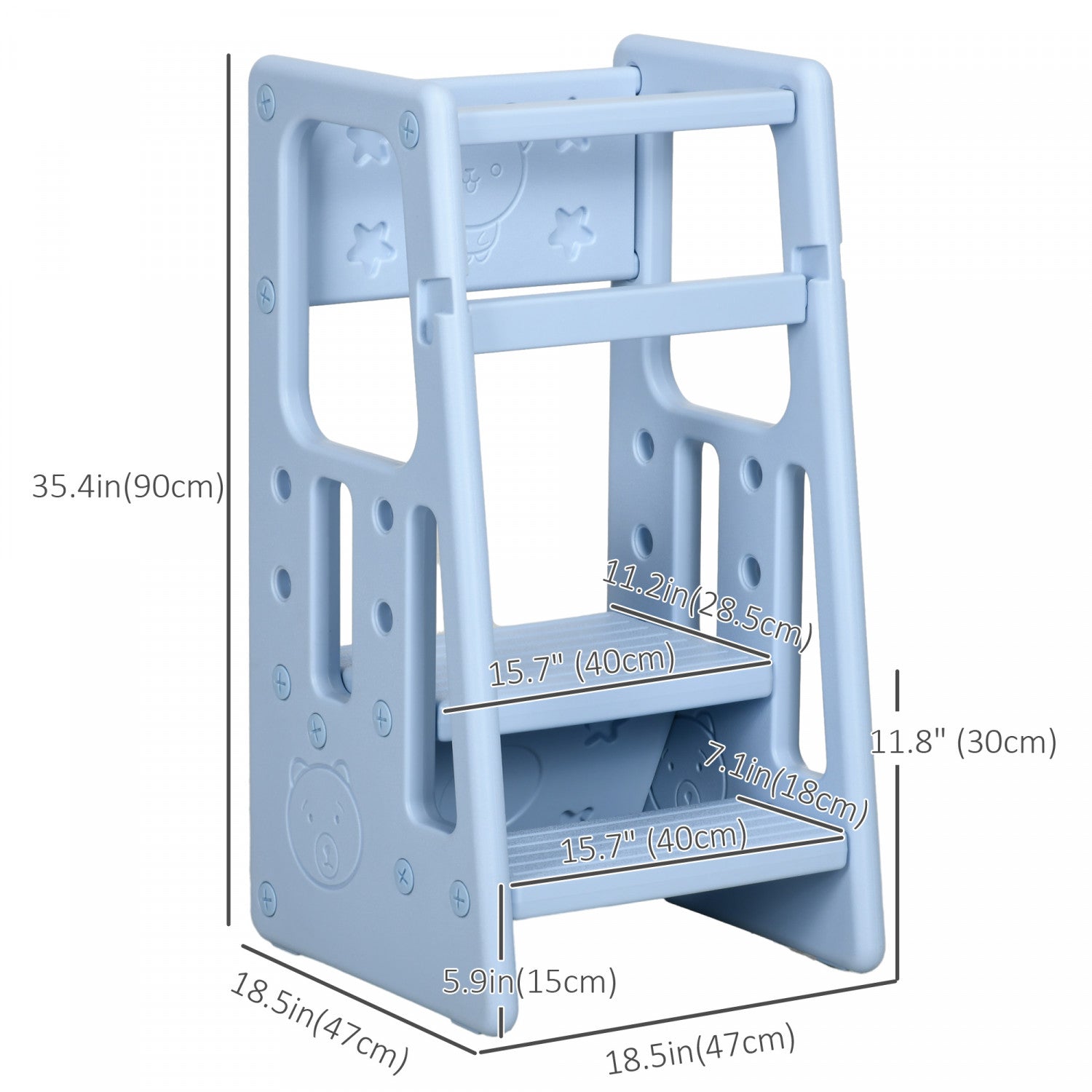 Light Blue Qaba 2-Step Toddler Kitchen Helper Stool with Adjustable Height Platform and Safety Rail