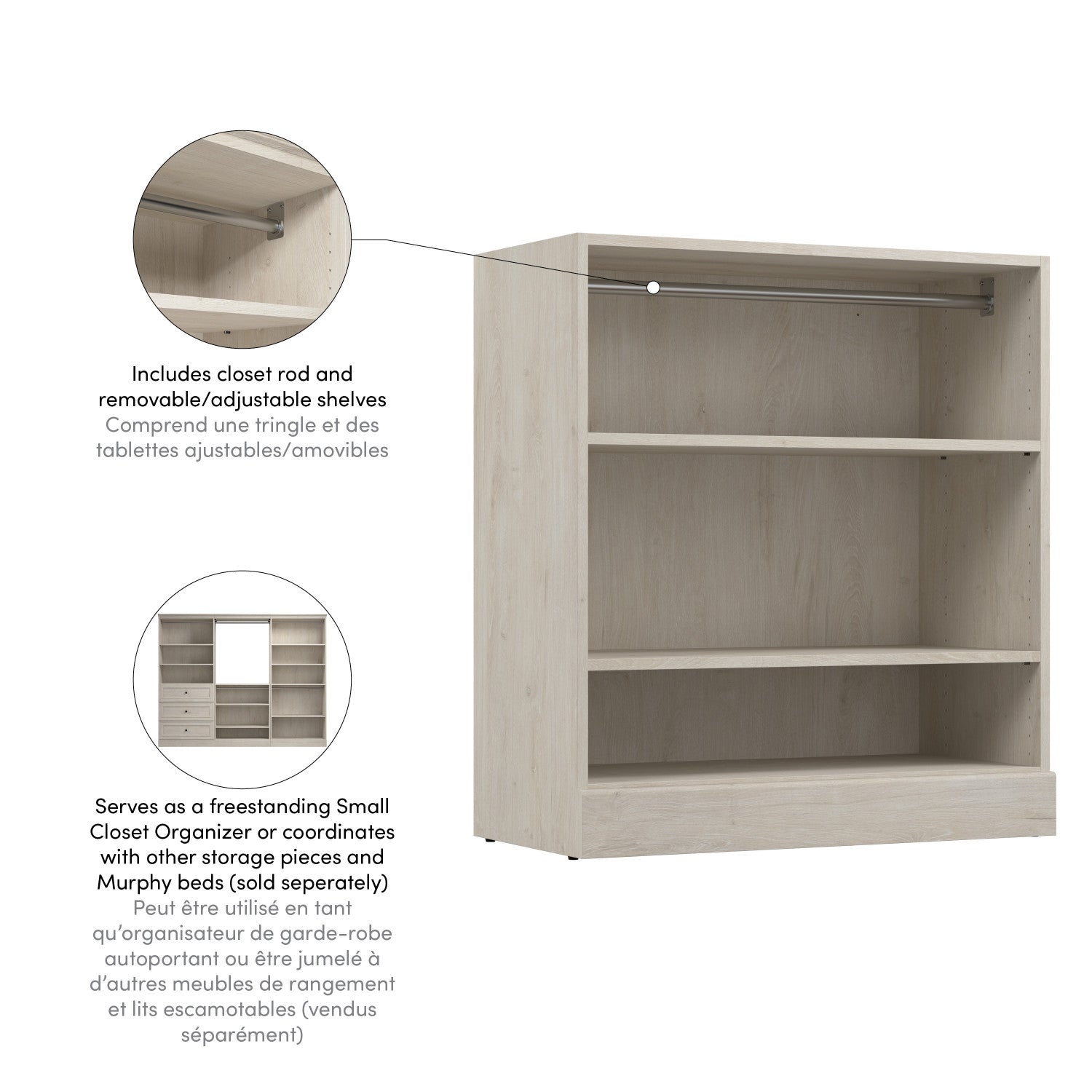 Bestar's 36 W Small Versatile Linen White Oak Closet Organizer