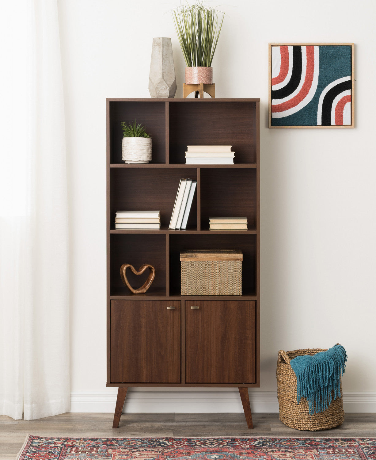 Cherry-finished Milo Mid-Century Modern Bookcase: 6 Shelves, 2 Doors and Brushed Brass-Finished Knobs