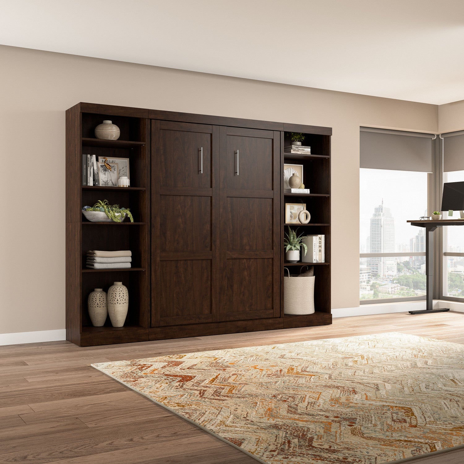 109-Inch Bestar Pur Full Murphy Bed with Two Shelving Units in Chocolate - Lit double escamotable mural Pur de Bestar de 109 po avec 2 meubles à tablettes - chocolat