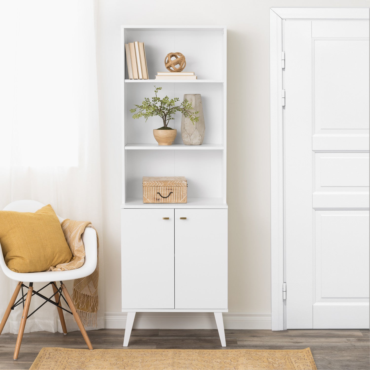 White Milo Mid-Century Modern Tall Bookcase: Adjustable Shelves, 2 Doors, and Brushed Brass-Finished Knobs