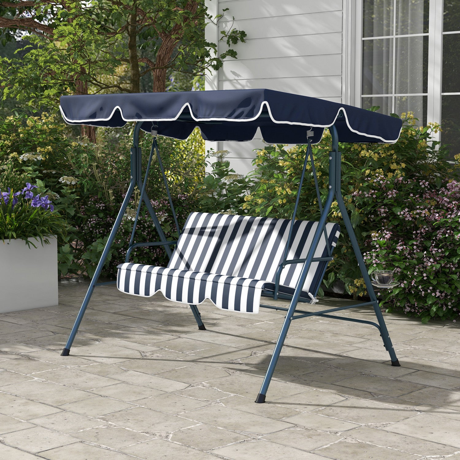Outsunny Blue and White 3-Seat Patio Swing Chair with Adjustable Canopy