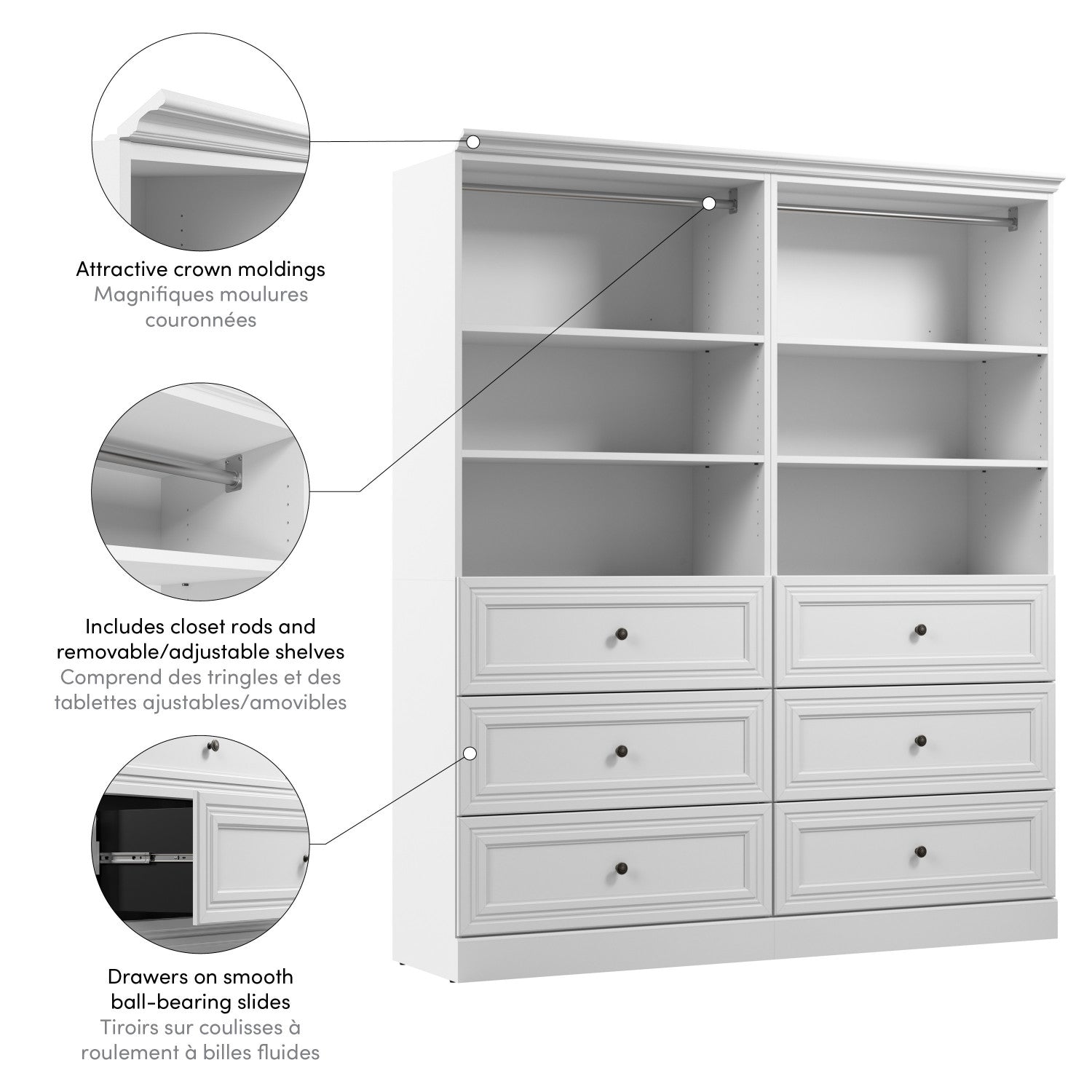 Bestar's 72-inch White Versatile Closet Organizer with Drawers for Optimal Storage