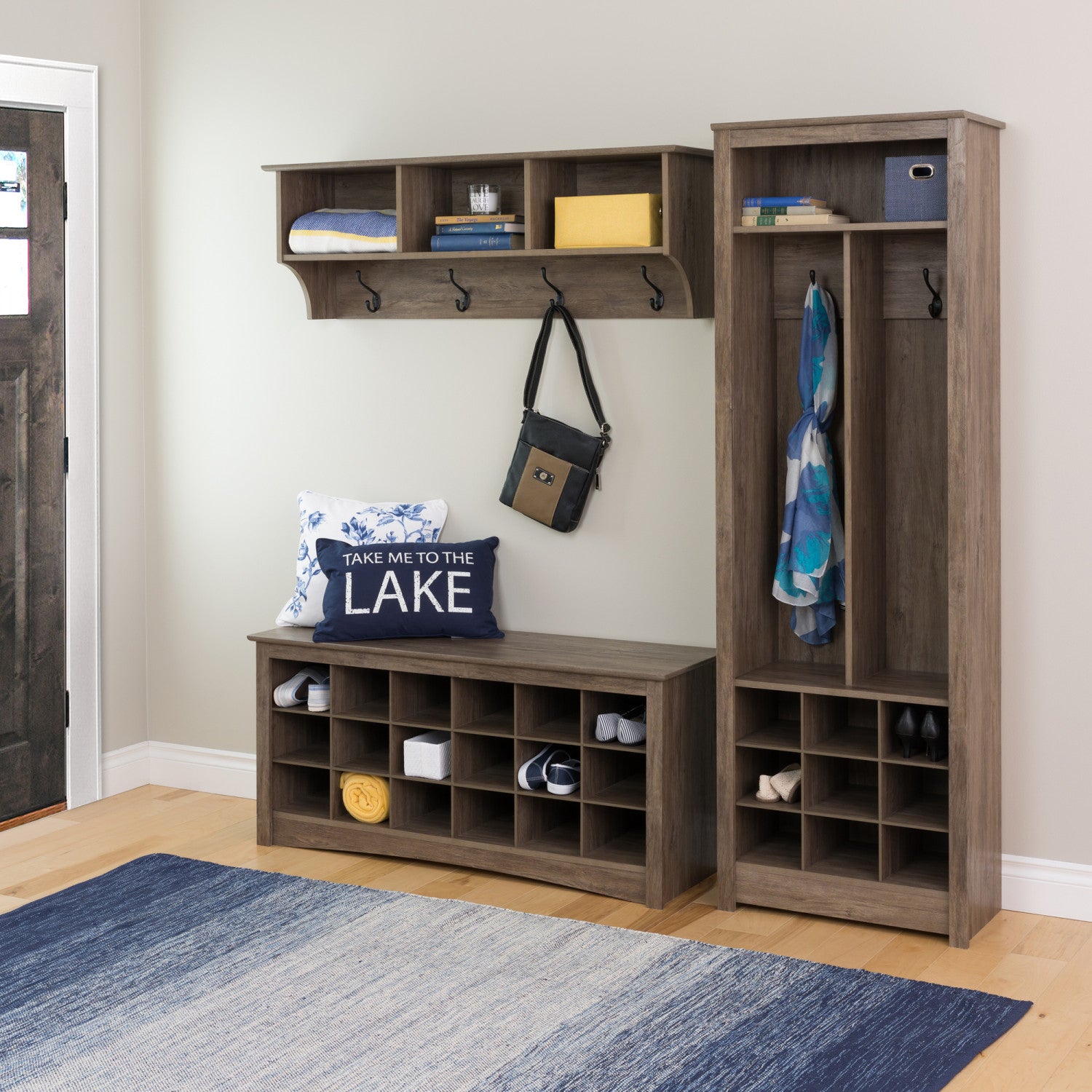 Drifted Grey Entryway Organizer with Shoe Storage for Space-saving Solutions