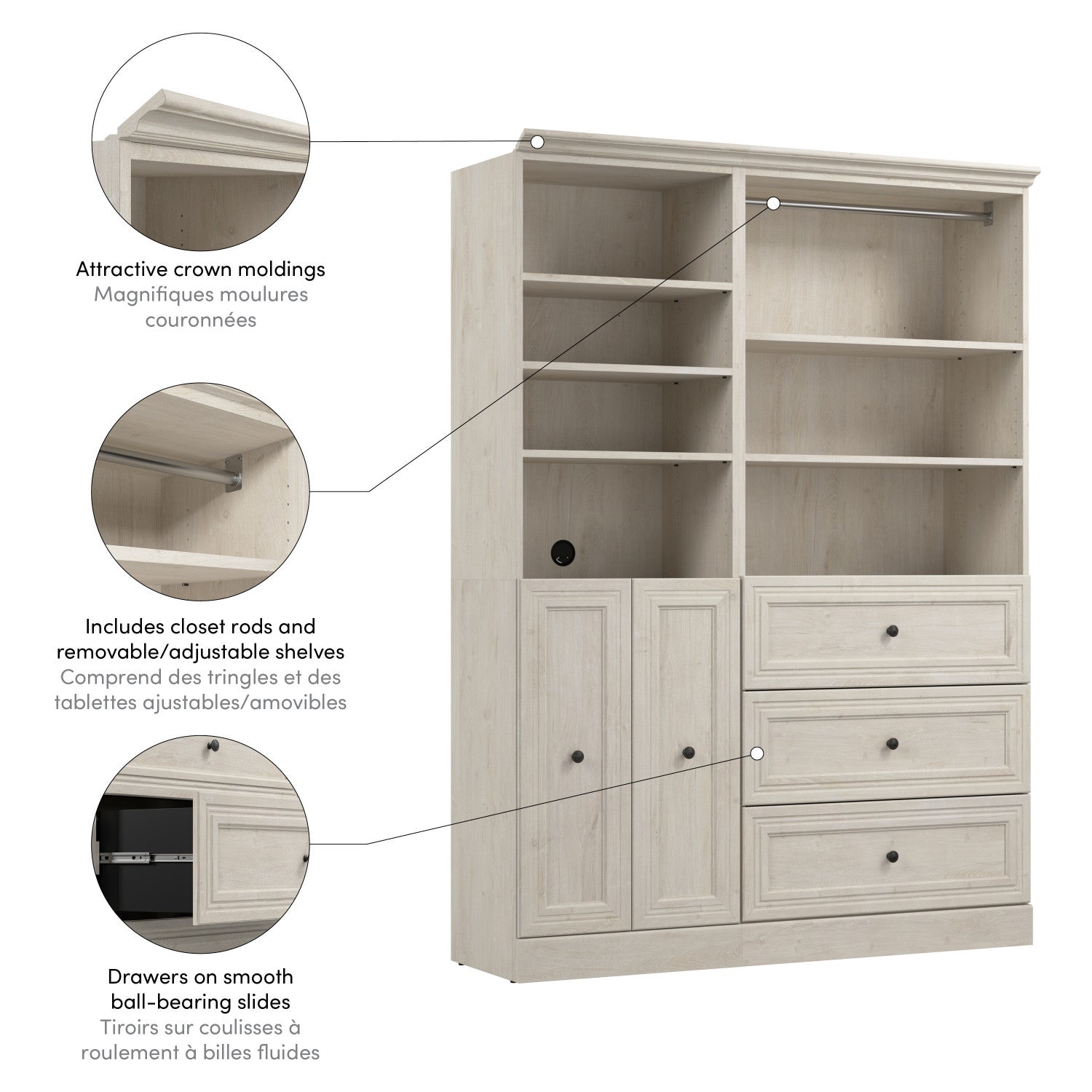 Bestar's 61 W Linen White Oak Versatile Closet Organizer System with Drawers and Doors