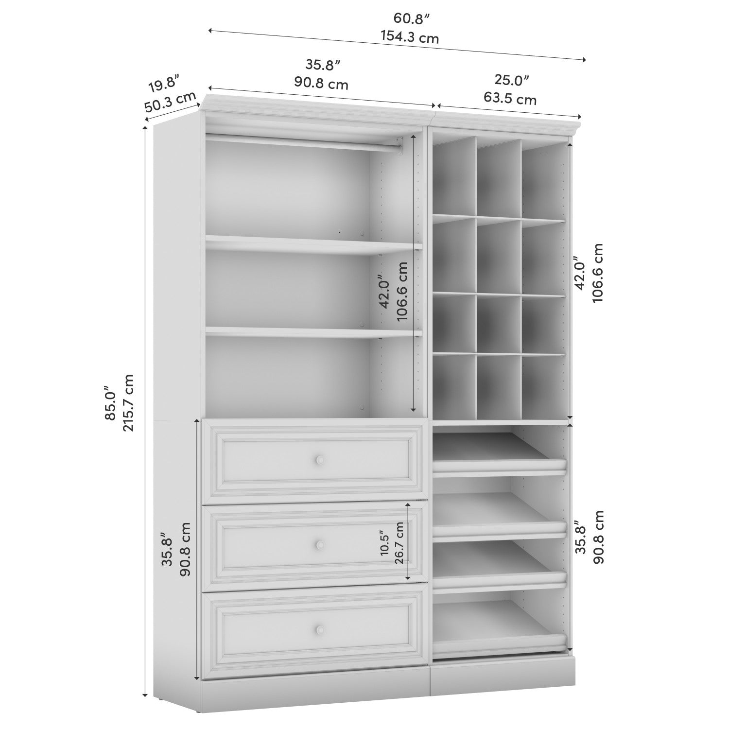 Bestar's 61W White Versatile Closet Organizer System with Drawers