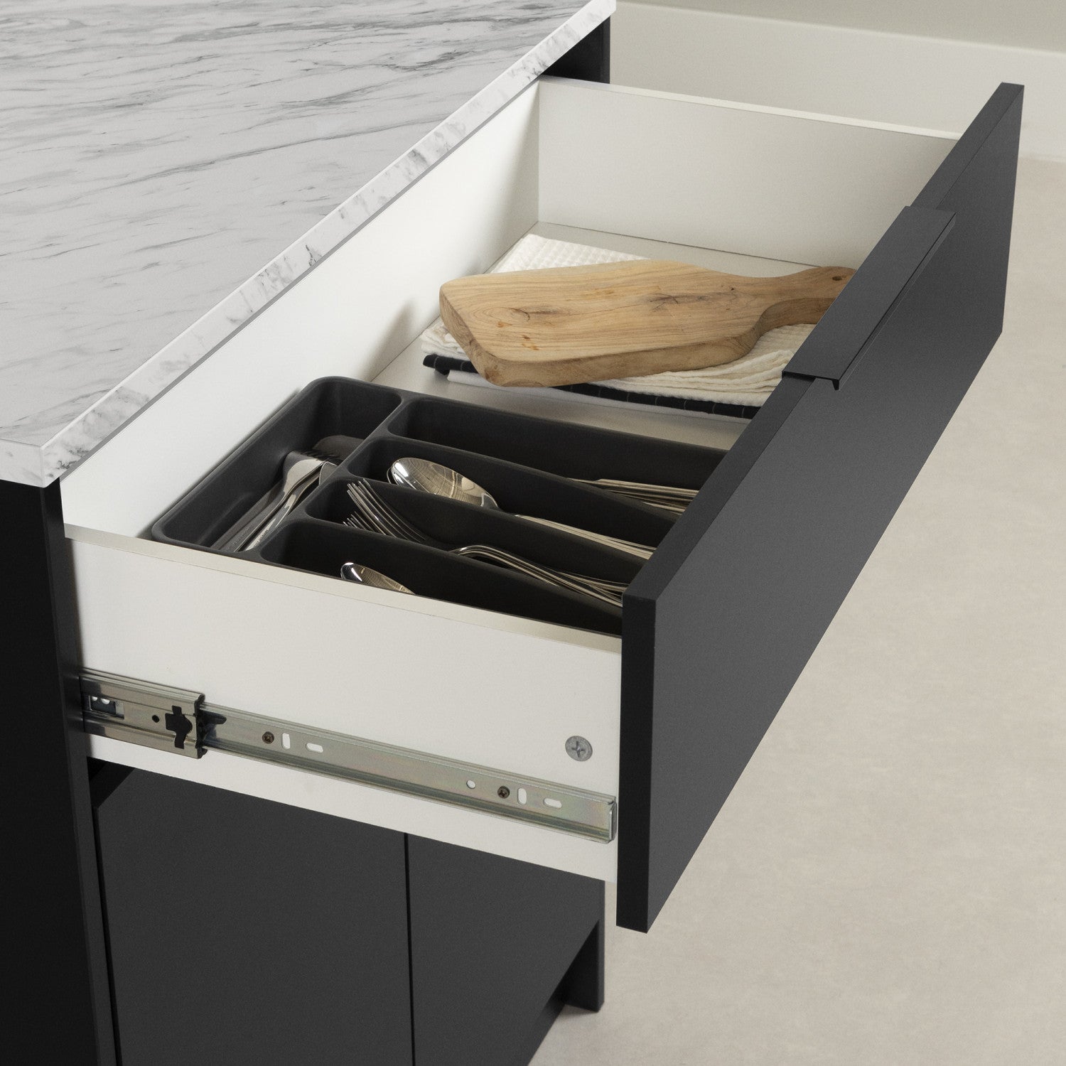 Matte Black & Faux White Marble Compact Kitchen Island with Storage - Olio