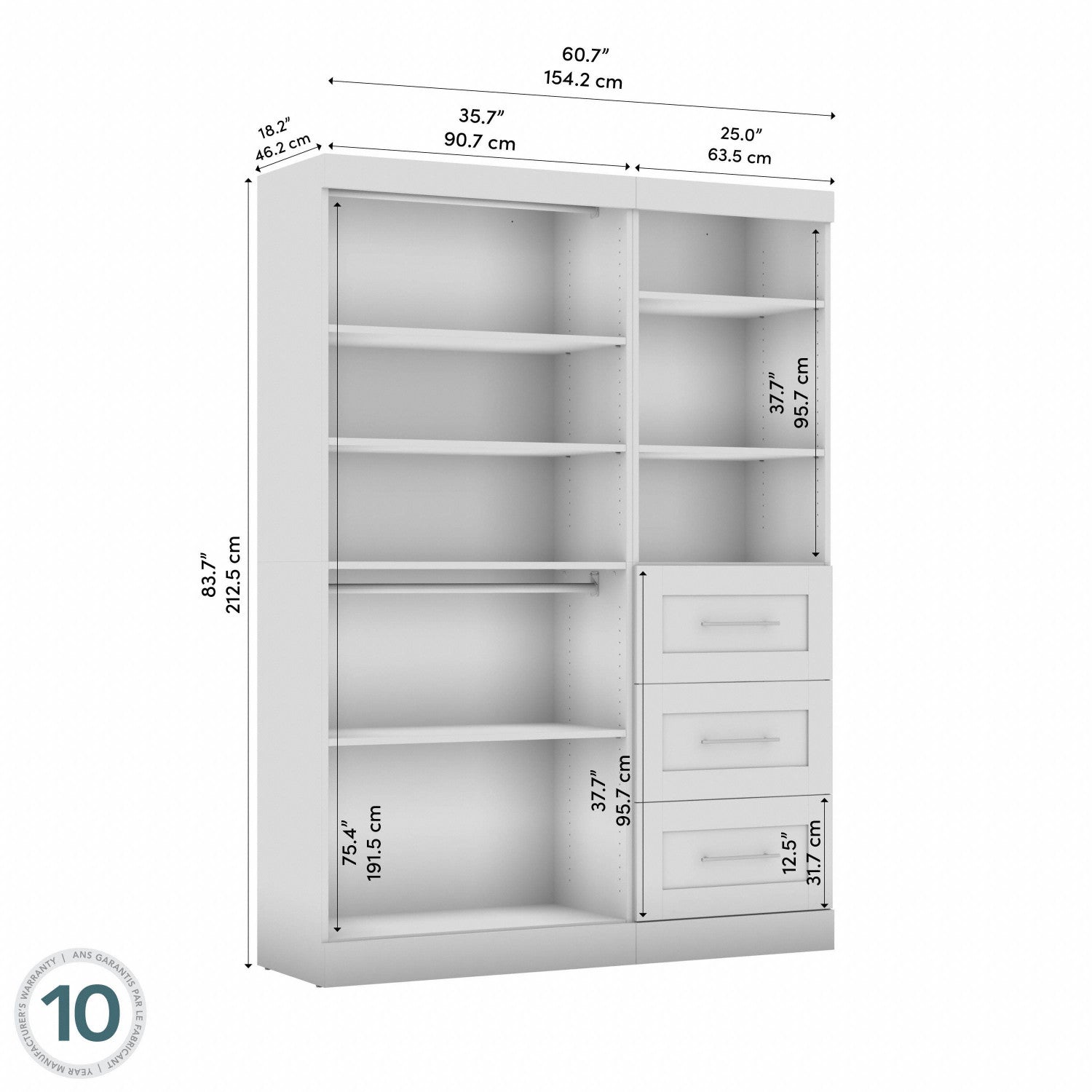 Bestar 61-inch Pur White Closet Organizer System
