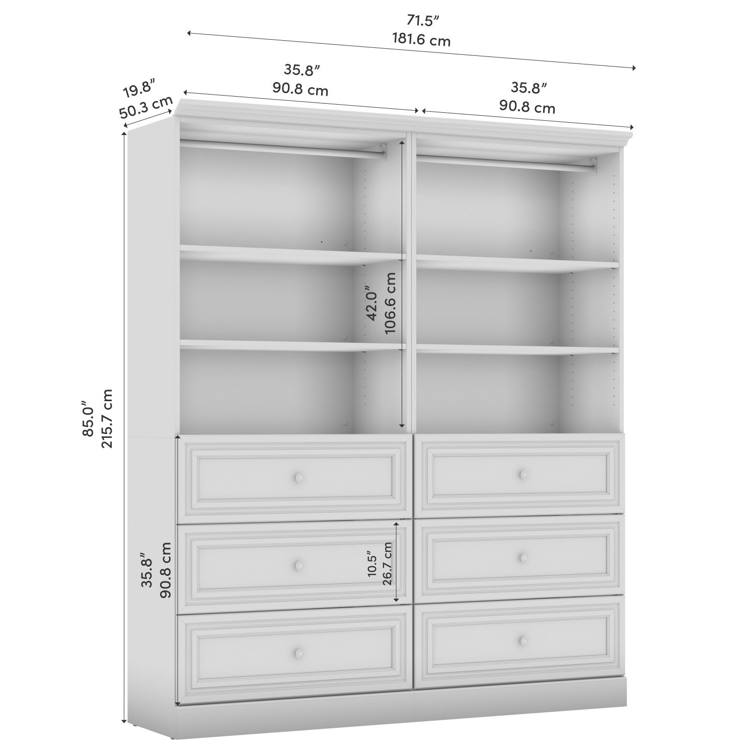 Bestar's 72-inch White Versatile Closet Organizer with Drawers for Optimal Storage