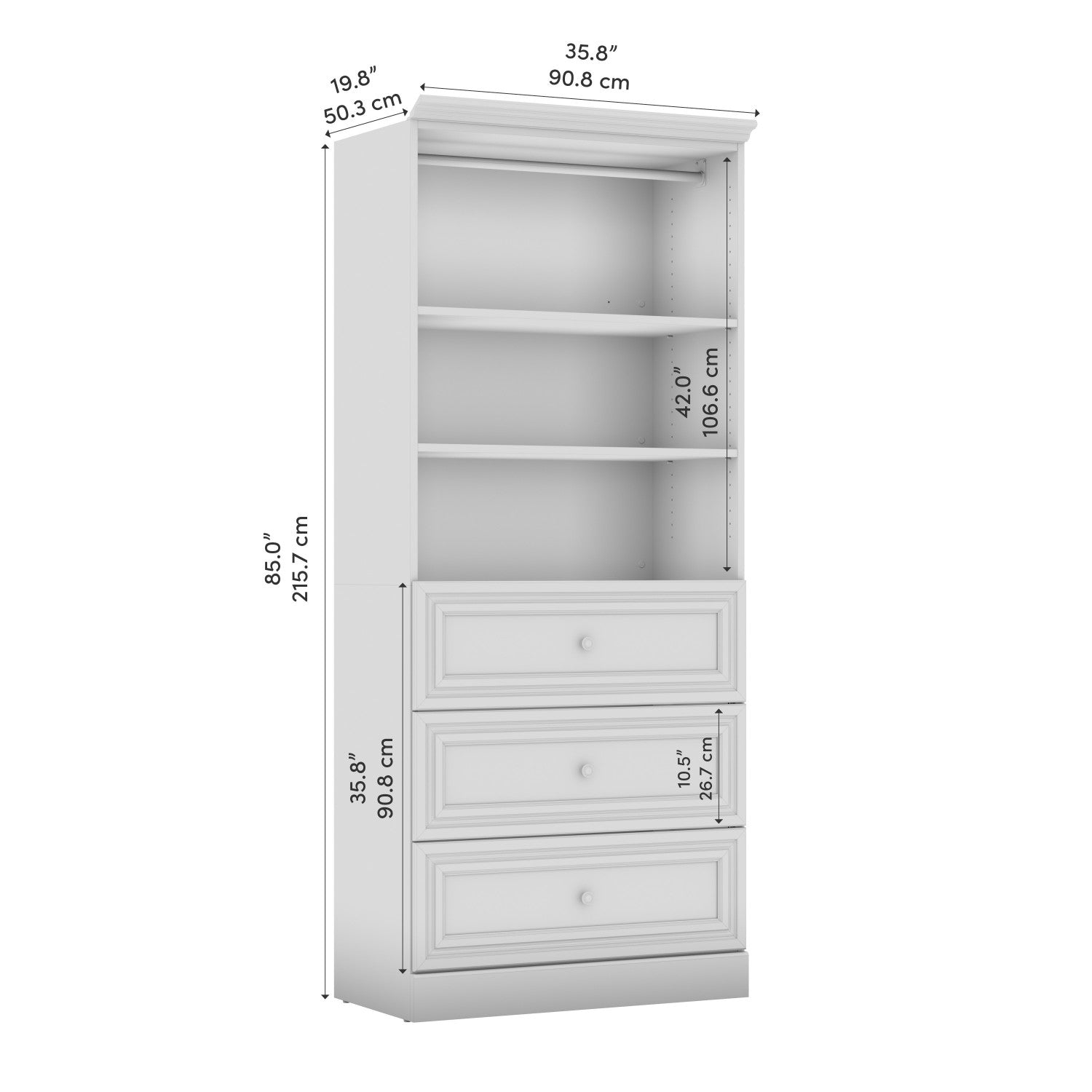 Bestar's 36 W Linen White Oak Versatile Closet Organizer with Drawers