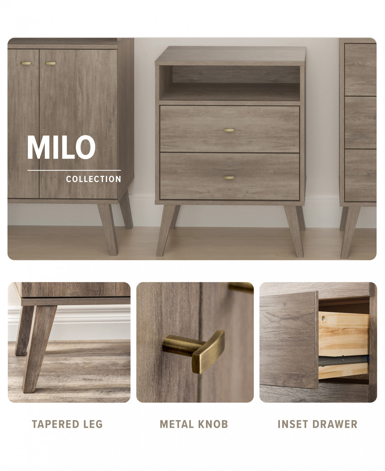 Drifted Grey Milo Mid-Century Modern Bookcase: 6 Shelves, 2 Doors, and Brushed Brass-Finished Knobs