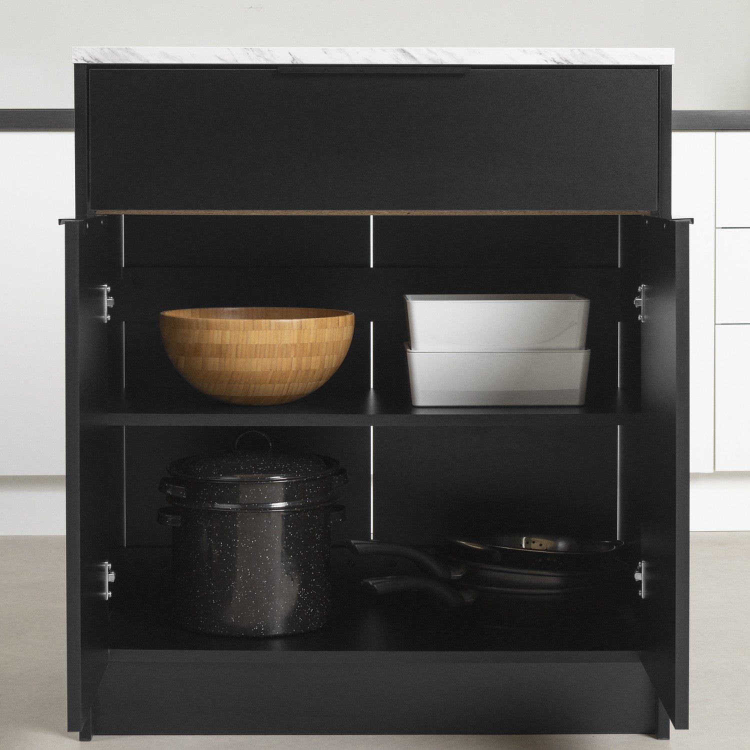 Matte Black & Faux White Marble Compact Kitchen Island with Storage - Olio
