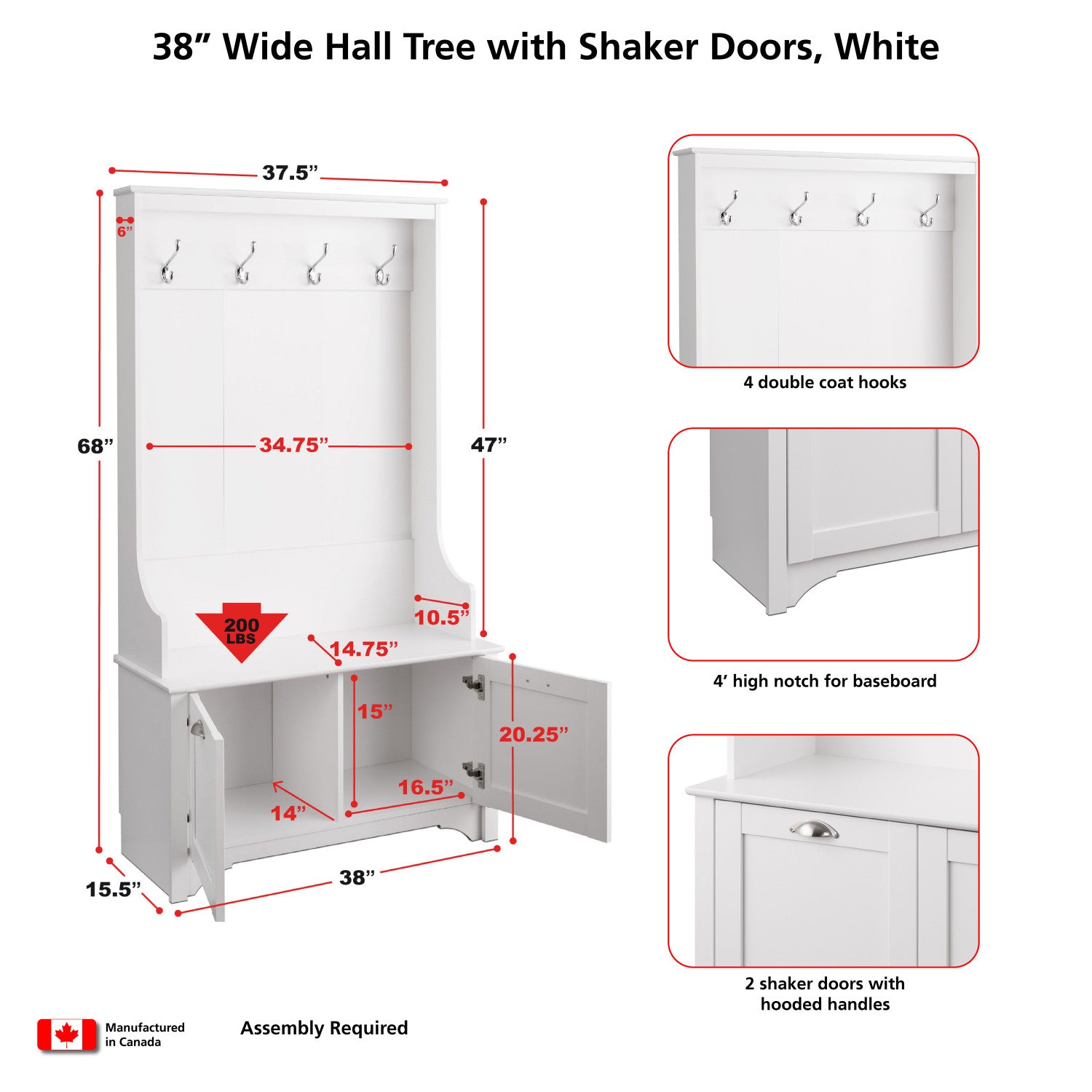 White Wide Hall Tree with Shaker Doors - A Spacious and Stylish Storage Solution