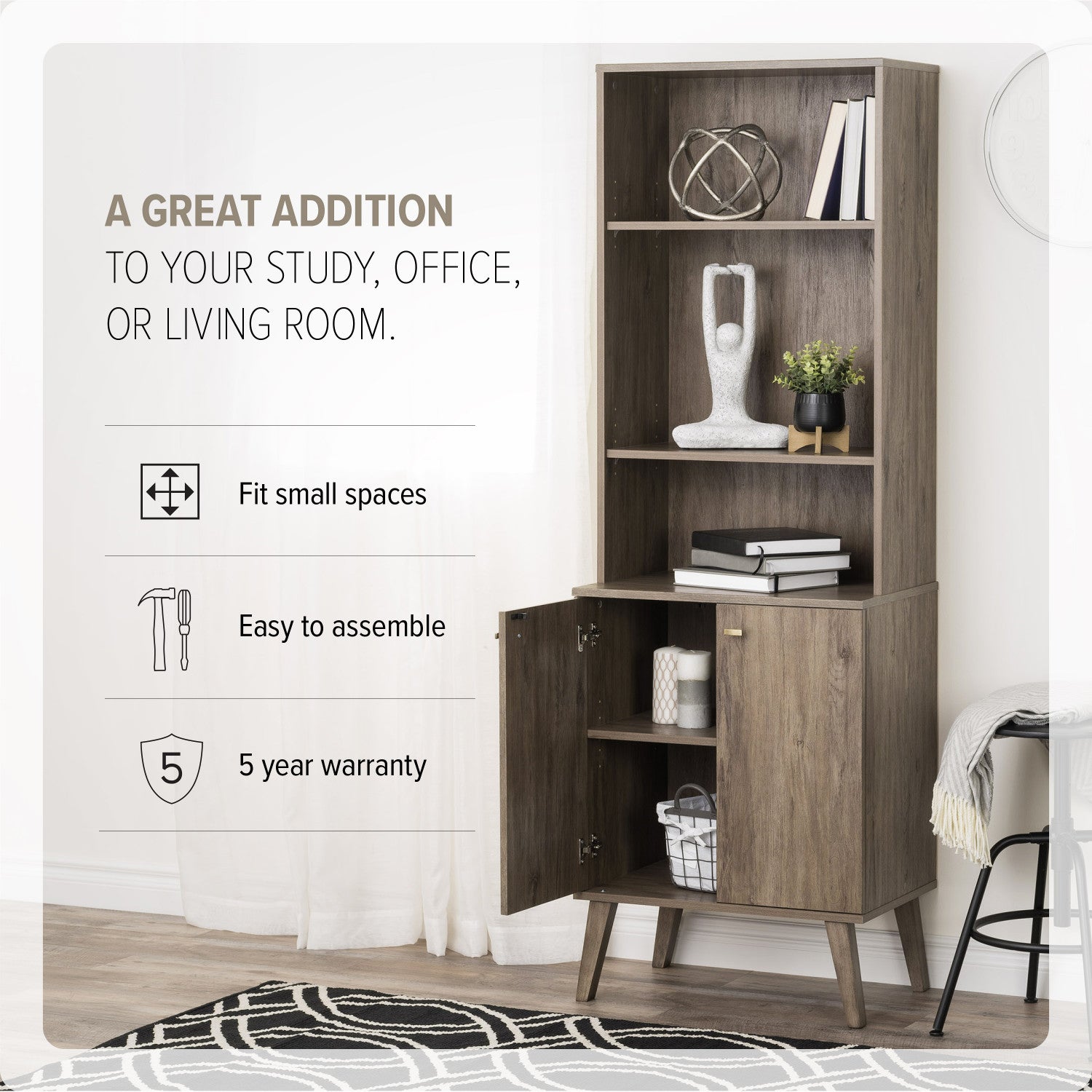 Milo Mid-Century Modern Tall Bookcase: Adjustable Shelves, 2 Doors, and Brushed Brass-Finished Knob