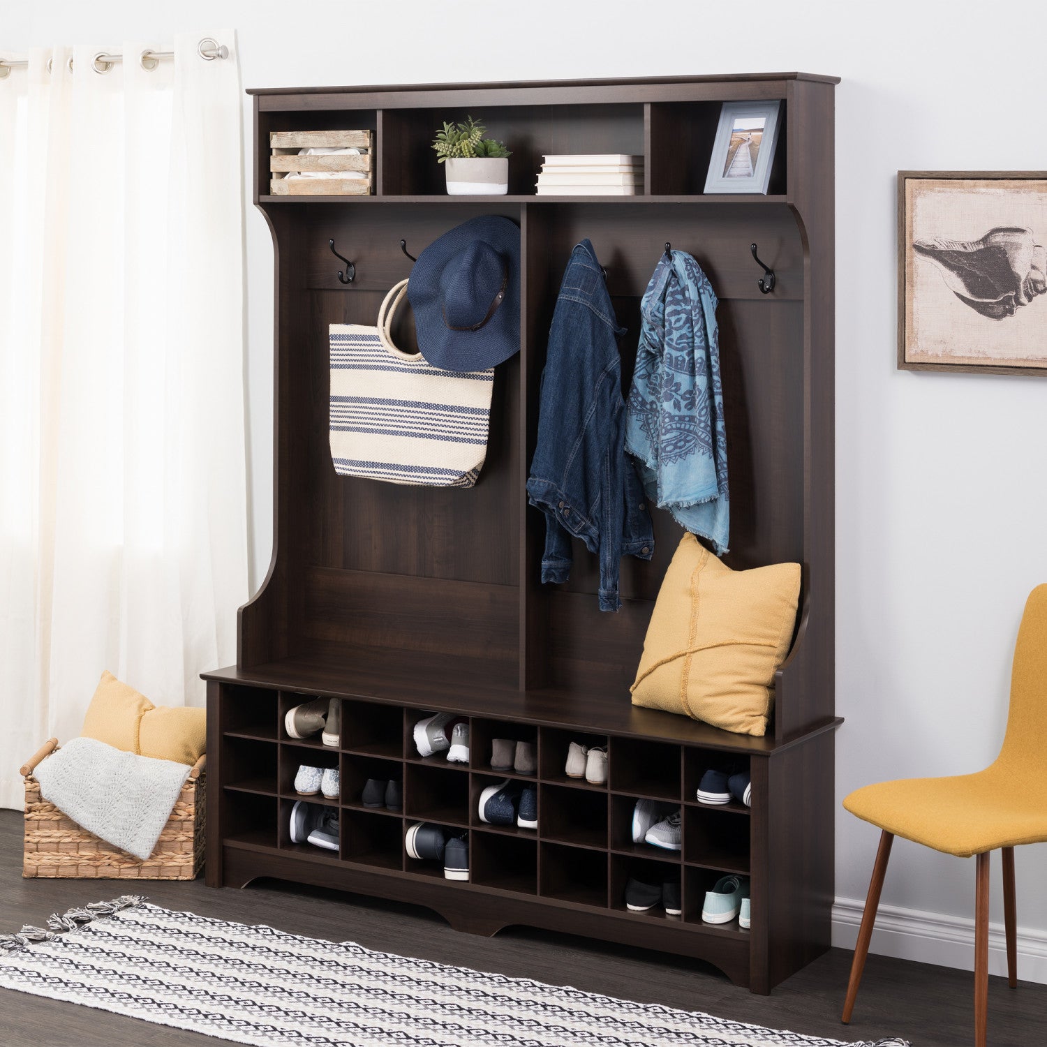 Espresso Hall Tree with 24 Shoe Cubbies - Ideal for Organizing Your Entryway