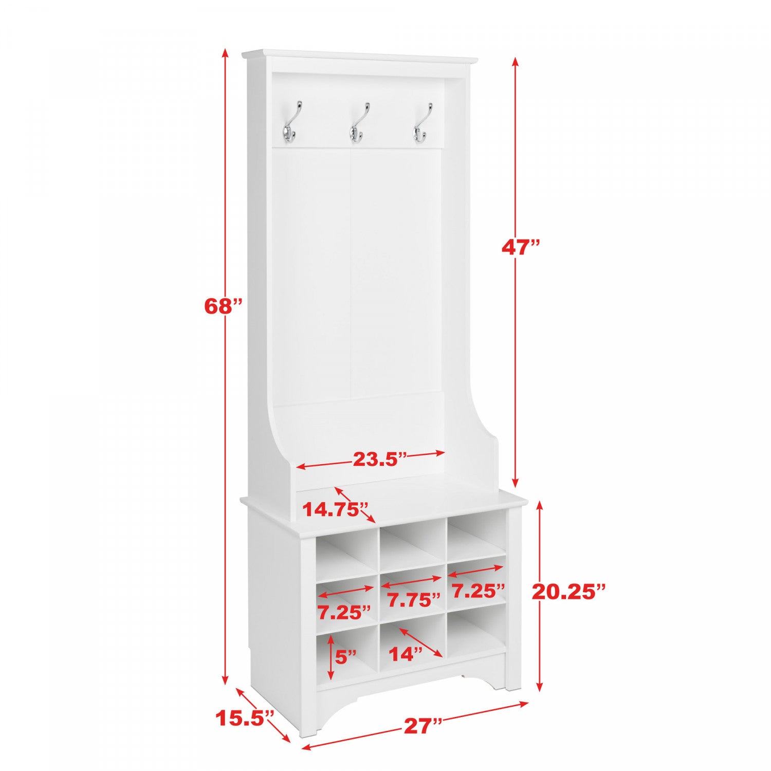 White Narrow Hall Tree Boasting Nine Shoe Cubbies